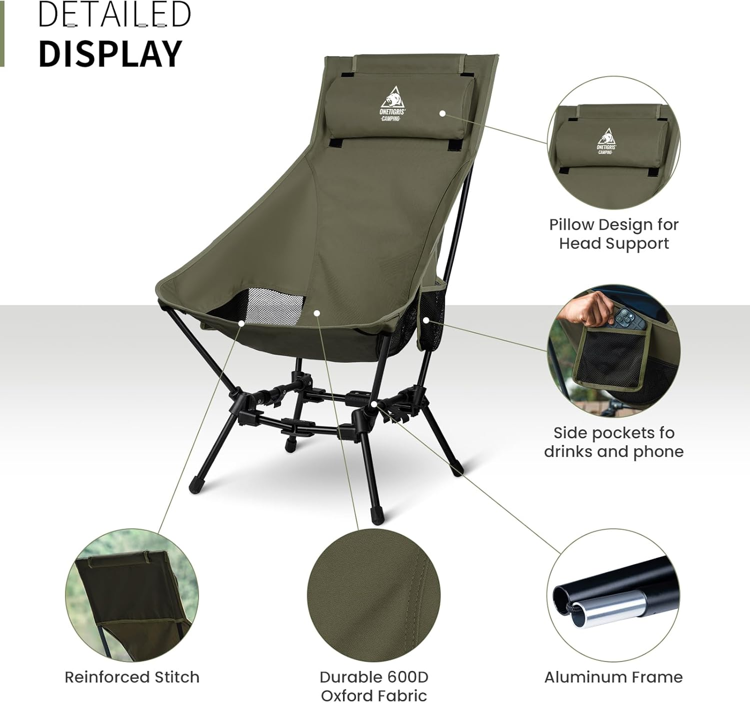 Onetigris Dragonhide Oversized Camping Chair with Pillow Design, Comfortable Widened Seat Folding, 275 Lbs Capacity image number 2