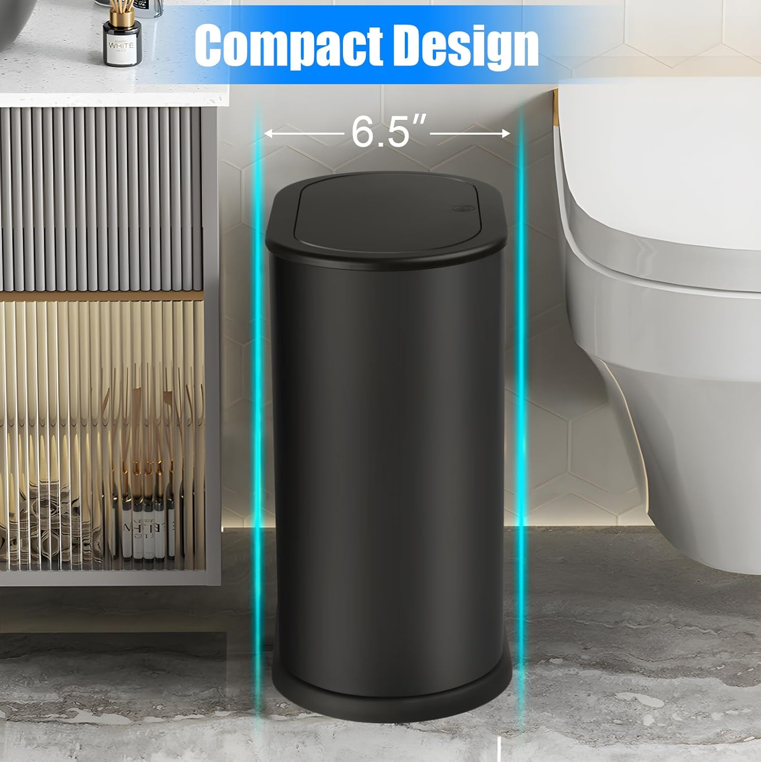 Anzoymx Stainless Steel Bathroom Trash Cans 1.8 Gallons Small Garbage Can with Pop up Lid, Metal Narrow Wastebasket, Slim Waterproof Litter Trash Bins Set for Bedroom, Toilet, Office (Black) image number 2
