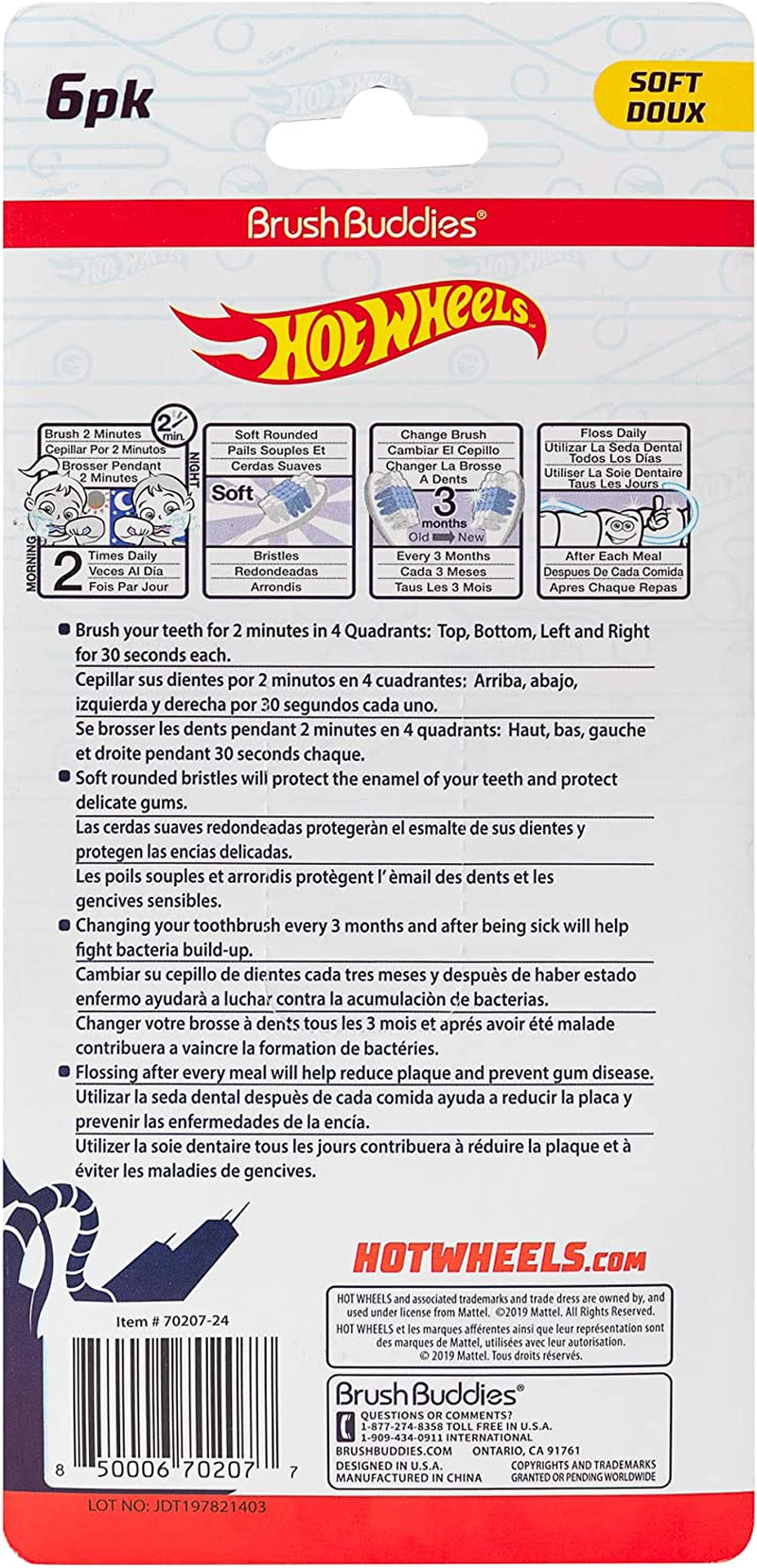 Brush Buddies 6-Pack Hot Wheels Toothbrush for Kids, Kids Battery Powered Toothbrushes, Toothbrush Pack, Soft Bristle Toothbrushes for Kids, Toddler Toothbrush Ages 2-4, Multicolor