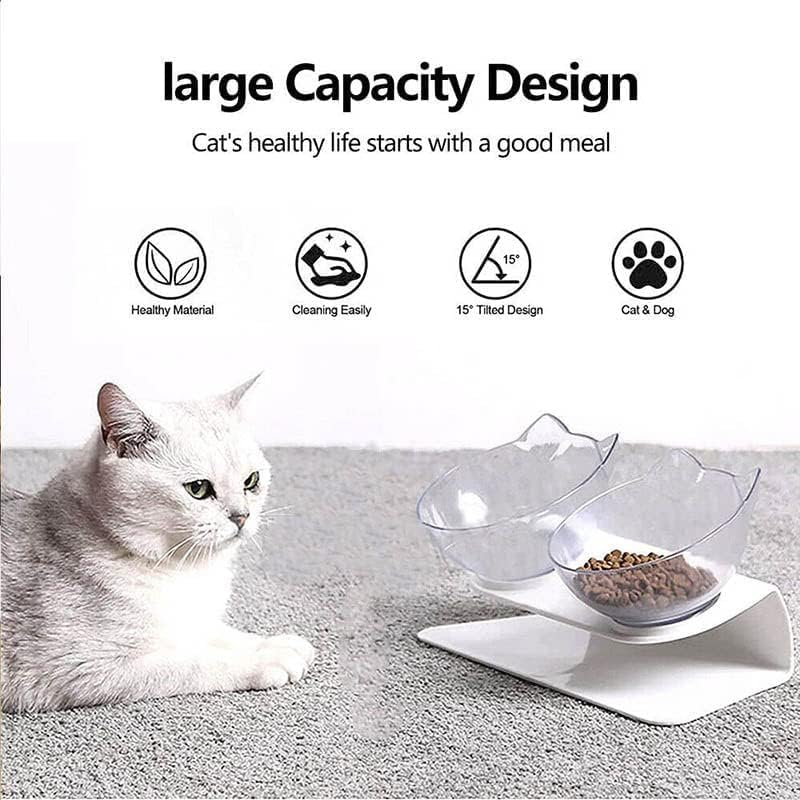 Mumoo Bear Double Elevated Cat Bowls with Raised Stand, Cat Bowl Design Neck Guard Stand Raised Pet Food Water Feeder Bowl,Cute Cat Face Elevated Cat Bowlfor Kitten or Small Dogs, White Clear image number 6
