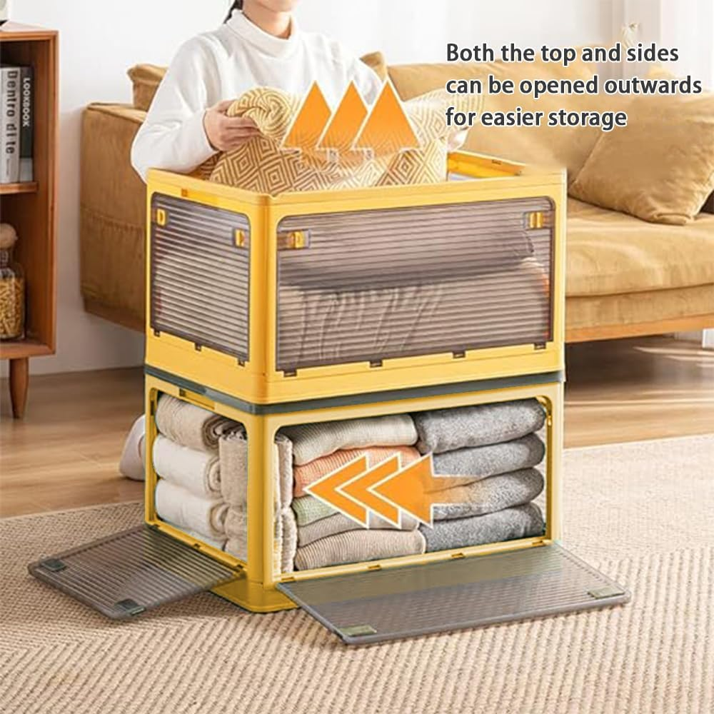 2 Pack Plastic 4 Doors Collapsible Storage Bins with Lid & Wheels Foldable Lidded Storage Containers with Handle Slots Multifunctional Stackable Folding Organizer Cube for Camping Clothes Toys, Yellow image number 6