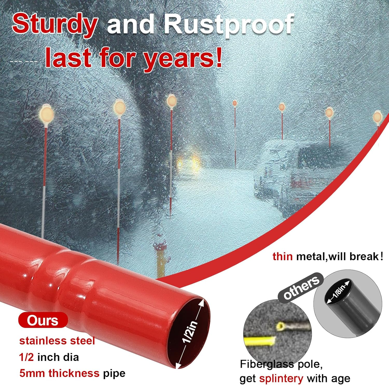 Reflective Driveway Markers - 50&rdquo;High Visiblility Driveway Reflectors Double Sided with Red & White Extra Thick Stainless Steel Pole - Rustproof for Road,Property Line,Yard,Snow Plowing - 8 Pack