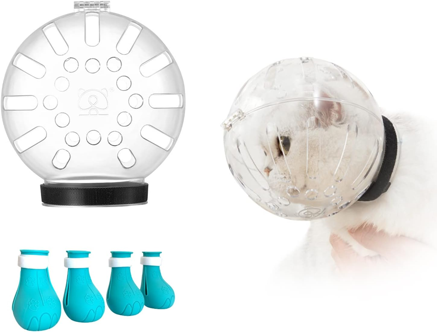 Cat Muzzle and Boots,Helmet for Grooming,Adjustable Hood Bubble Muzzle, Breathable anti Bite Air Muzzles,Silicone Claw Covers, Anti-Scratch Shoes,Paw Protector for Bathing image number 2