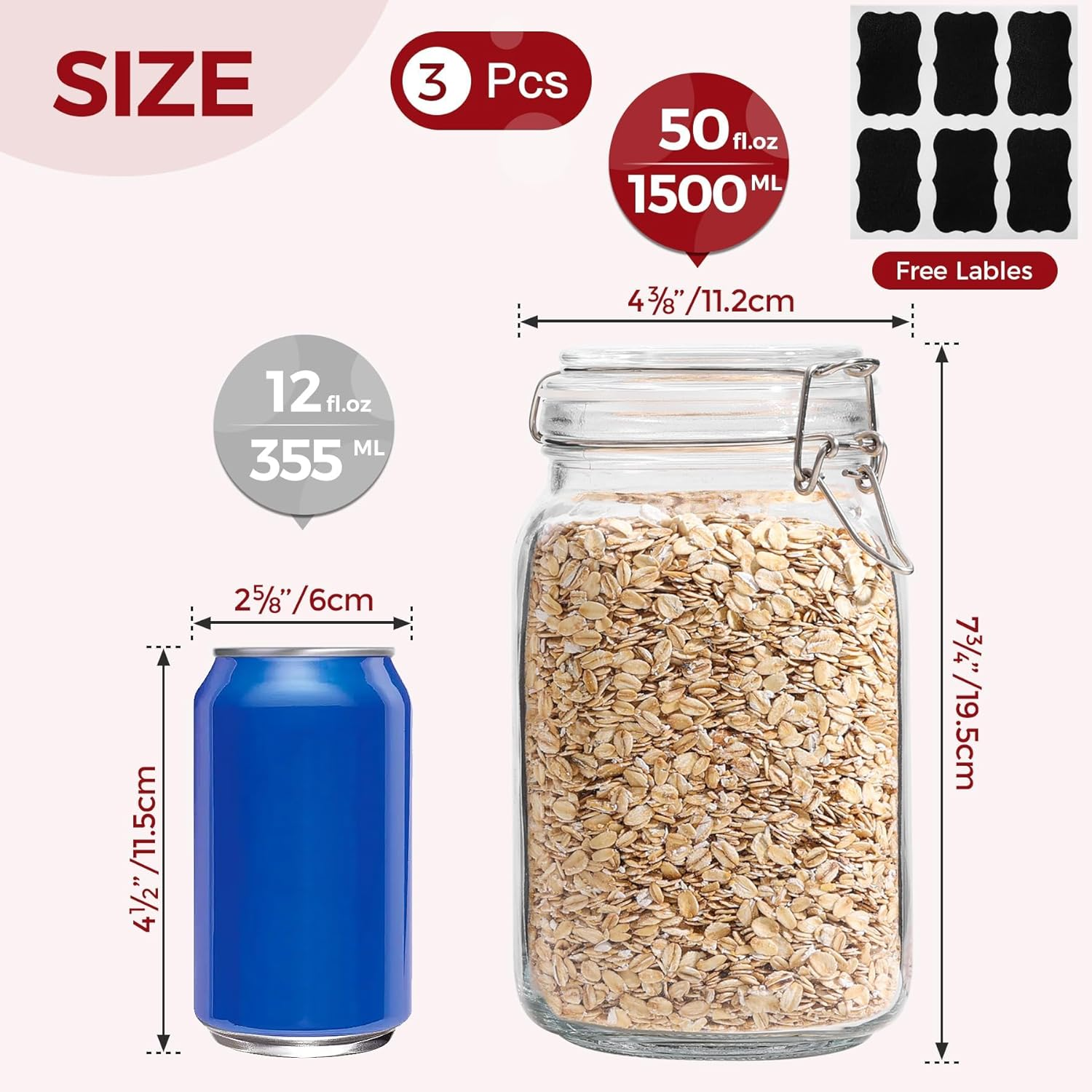 YOZOTI 50Oz Airtight Glass Jars with Lids, 3 PCS Food Storage Canister for Kitchen & Pantry Organization and Storage, Square Mason Jar Containers for Storing Sugar, Flour, Cereal,Coffee,Cookies