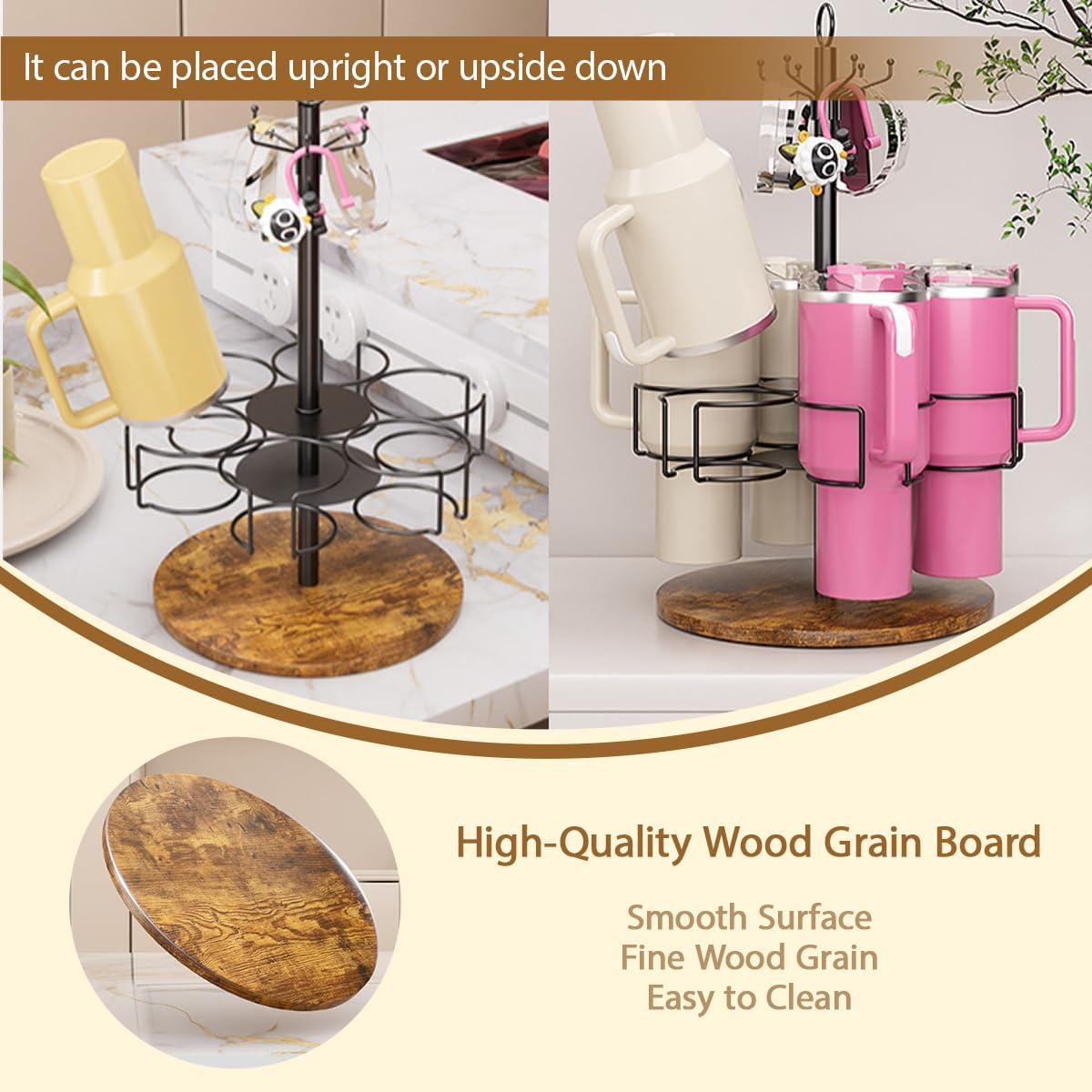 Blissify Water Bottle Organiser for Stanley 40Oz/30Oz Tumbler with Handle & Hooks, Rotating Stanley Cup Organizer Holder, Tumbler Storage Lazy Susan, Vintage Brown - Black image number 6