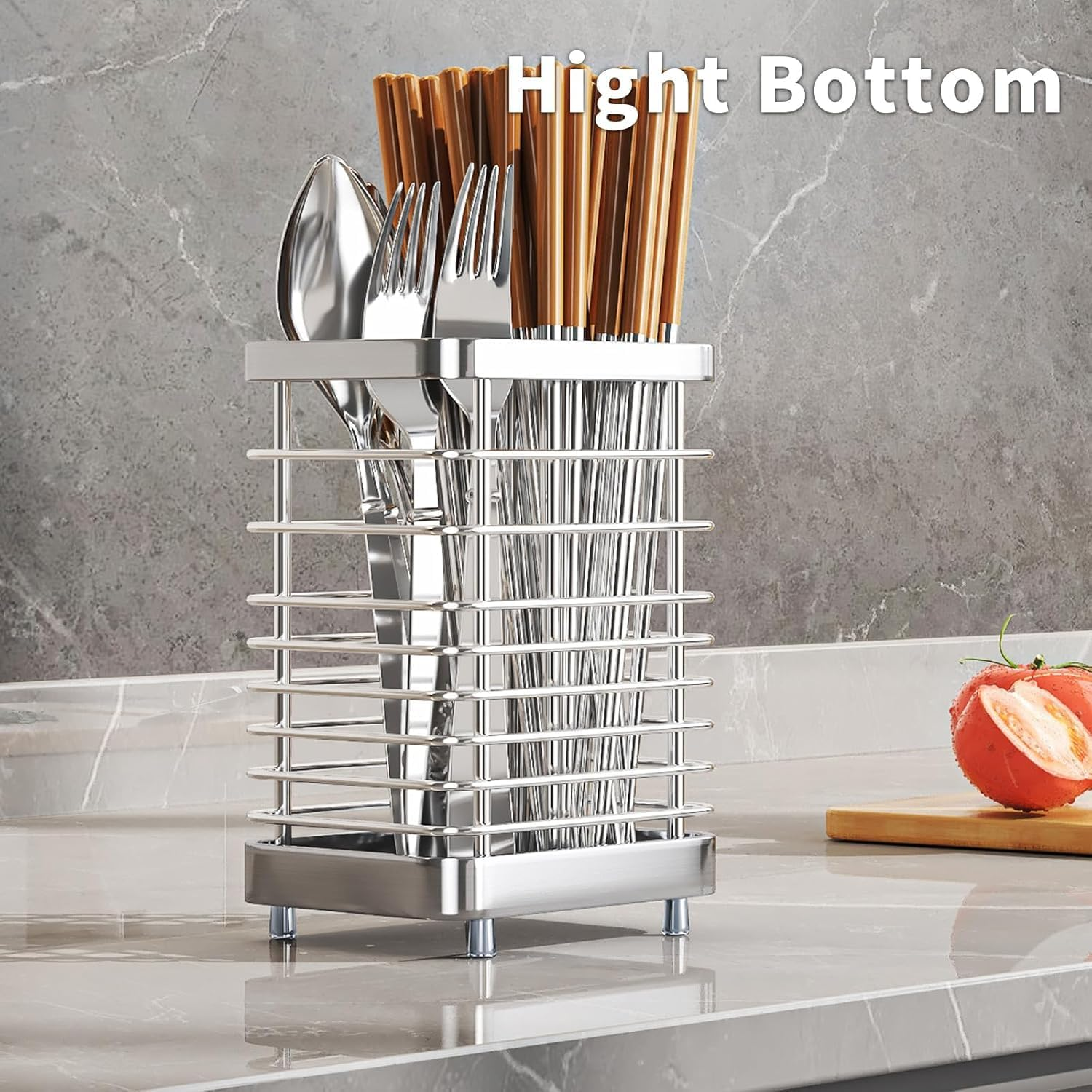 QYINXIU Utensil Holder Kitchen Countertop Organizer, Cutlery Drainer Sink Caddy Storage Drying Rack for Silverware Flatware and Cookware, Stainless Steel (Sliver) image number 3