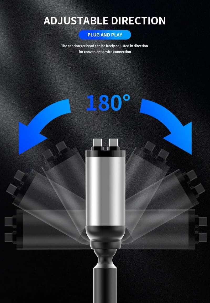 Jiaozoum Retractable Car Charger 4 in 1, with Cord 80Cm, 2 USB C and Car Charger Adapter, Compatible with Iphone 16 15/15 Pro Max/14/13/12/11 image number 3