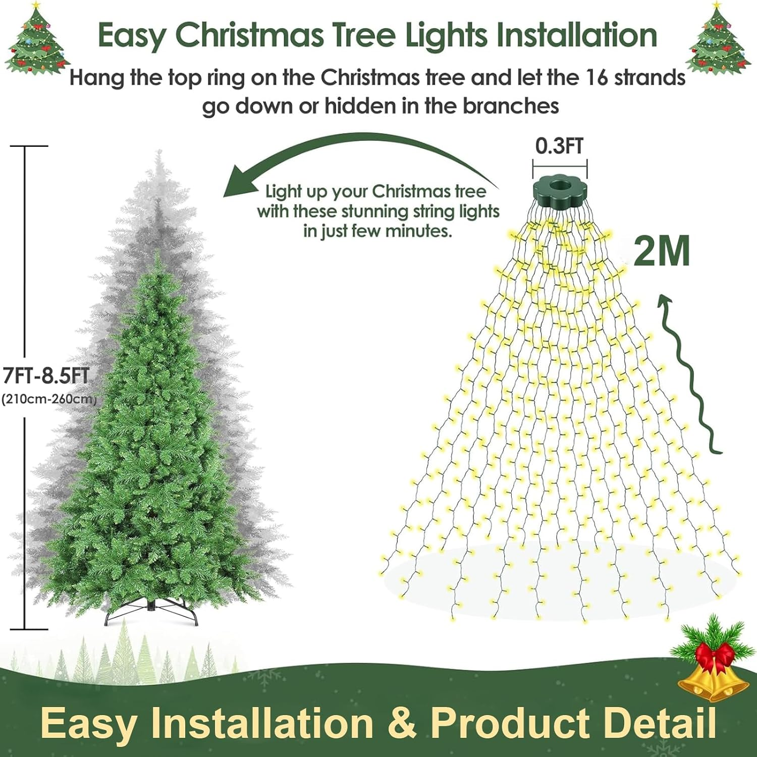 Christmas Tree Lights 400 LED, 2M X 16 Lines Easy to Install Christmas Lights with 8 Modes, Christmas Decorations Christmas Lights or Indoor Outdoor Yard Garden Patio Xmas Tree Decorations, Warm White image number 4