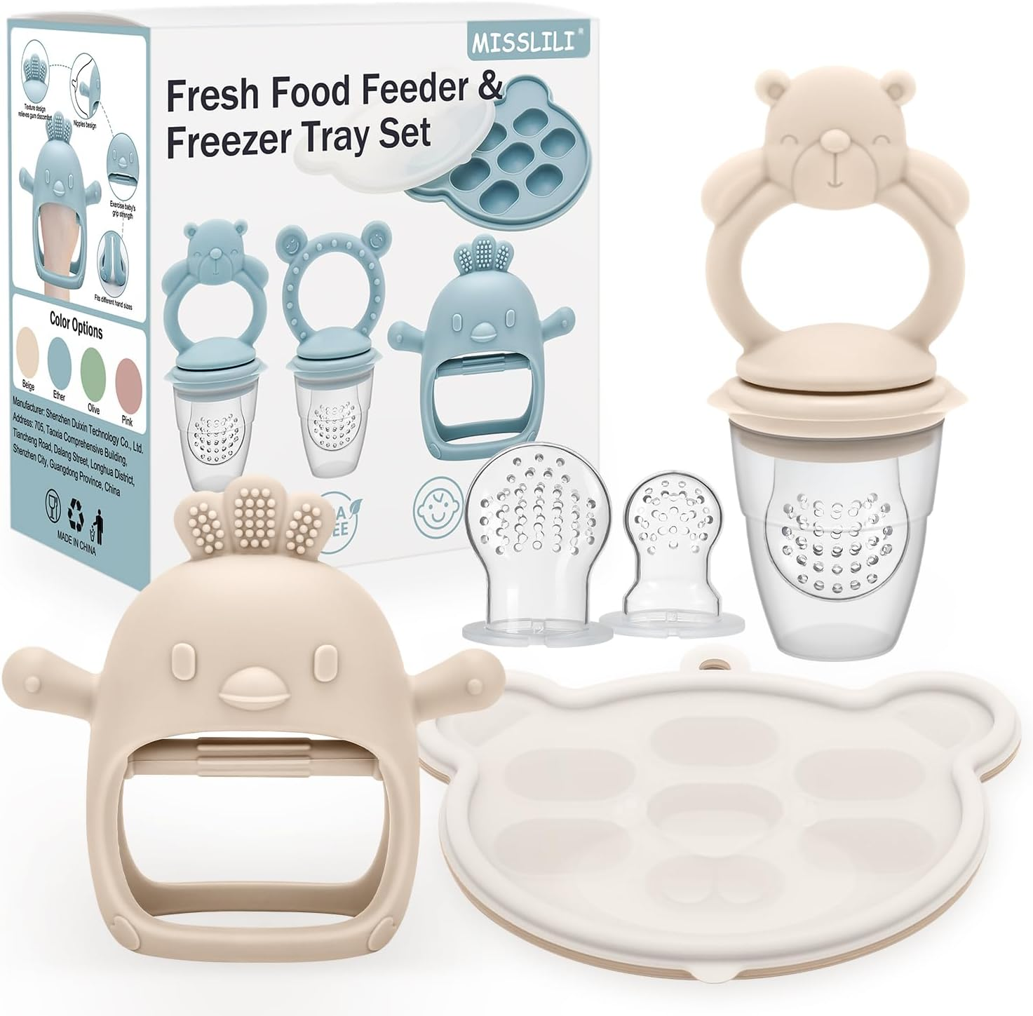 MISSLILI Baby Silicone Fruit Food Feeder Pacifier & Breastmilk Popsicle Freezer Molds, Chick Teether Toy & Baby Food Storage Containers Frozen Ice Tray for Baby Feeding Teething Safely, BPA Free