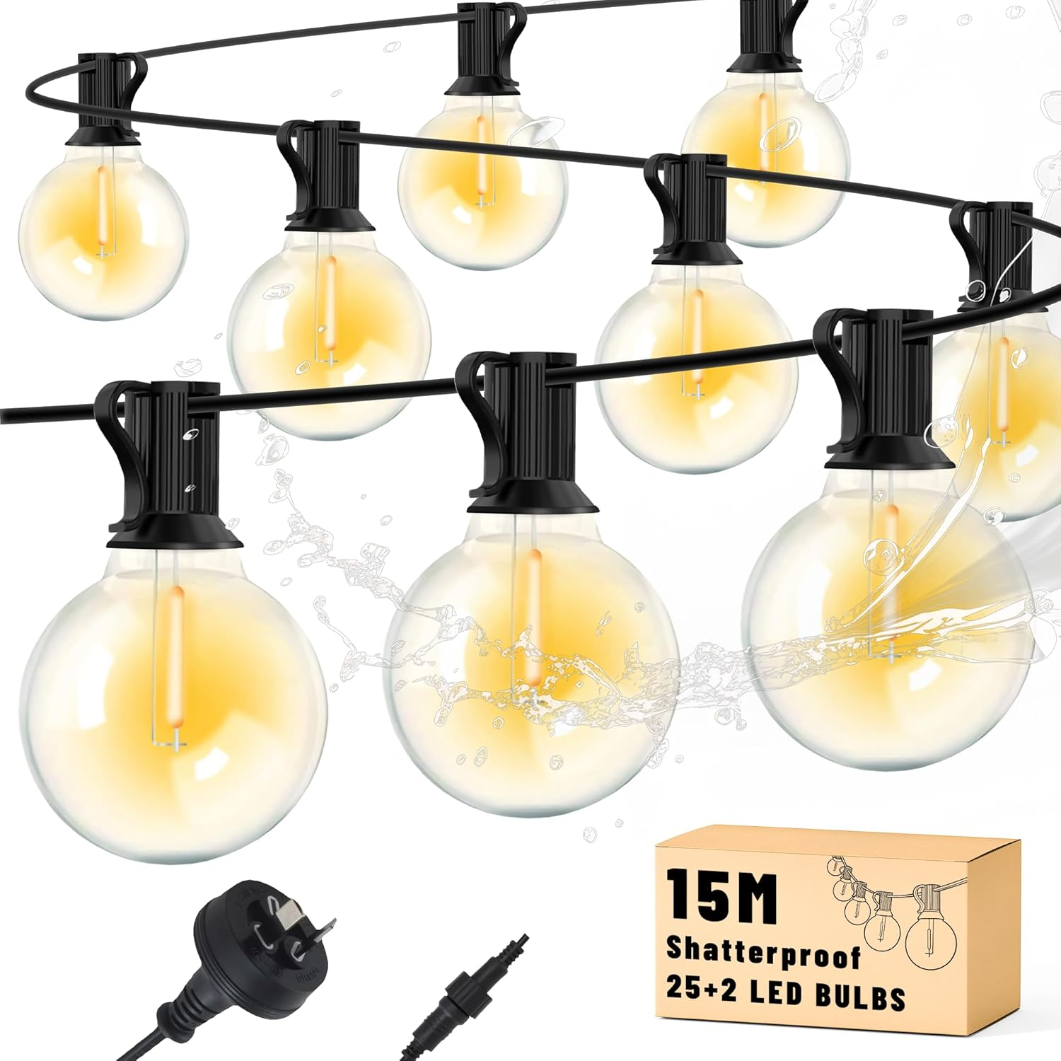 Cozylady Festoon Lights Outdoor 15+2M, String Light with 25+2 G40 Waterproof Shatterproof Bulbs, Plug-In Outdoor Light, Fairy Light for Garden Yard Wedding Party Balcony