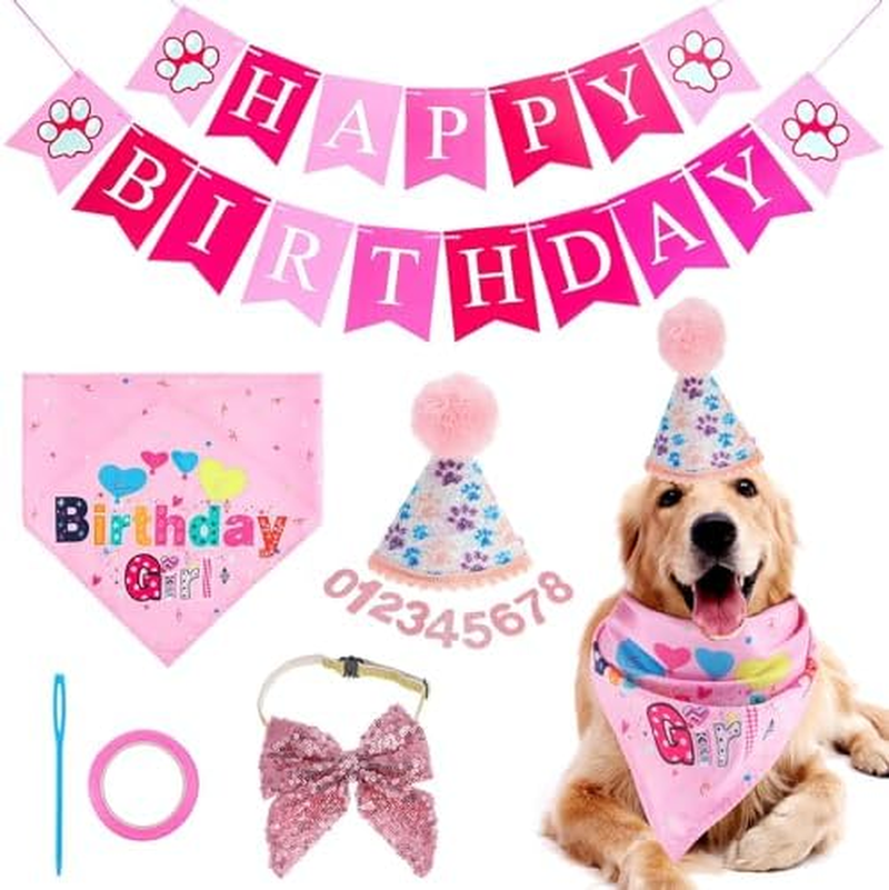 Dog Birthday Decor Sets, Happy Birthday Decoration with Hat Bandana Banner Bow Set, Puppy Cat Rabbit Boys Girls Party Supplies (Dark Blue)