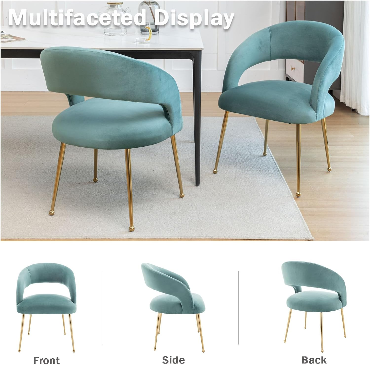 SEYNAR Dining Modern Chairs, Velvet Upholstered Accent Chairs with Gold Legs,Tufted Dining Room Chair Set of 2 for Living Room Reception Room Bedroom Study Room(Green) - Beige image number 4