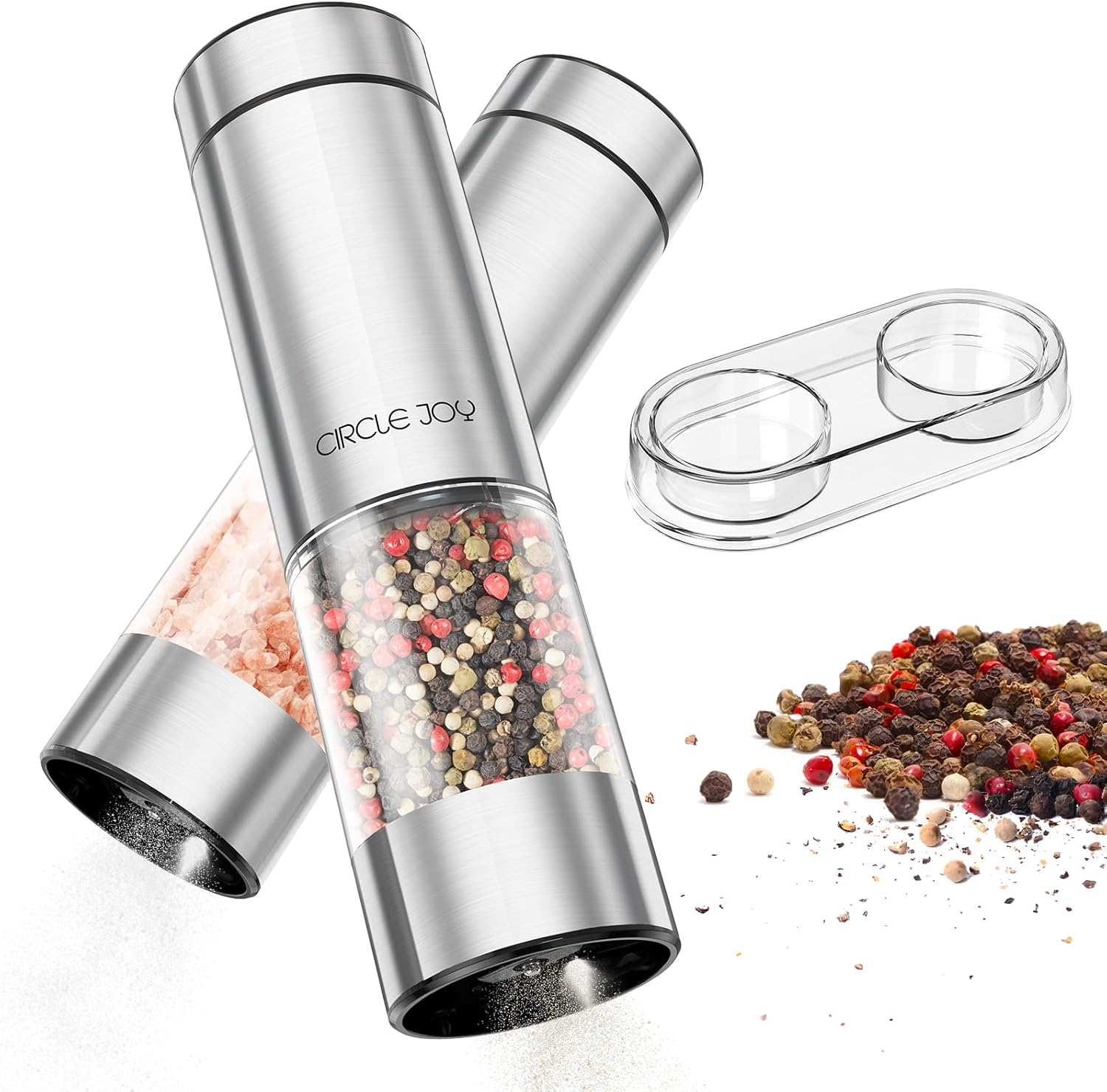 CIRCLE JOY Electric Salt and Pepper Grinder Set Stainless Steel Rechargeable Salt Pepper Mill Set with External Adjustable Coarseness, Storage Base, White LED Light, USB Cable