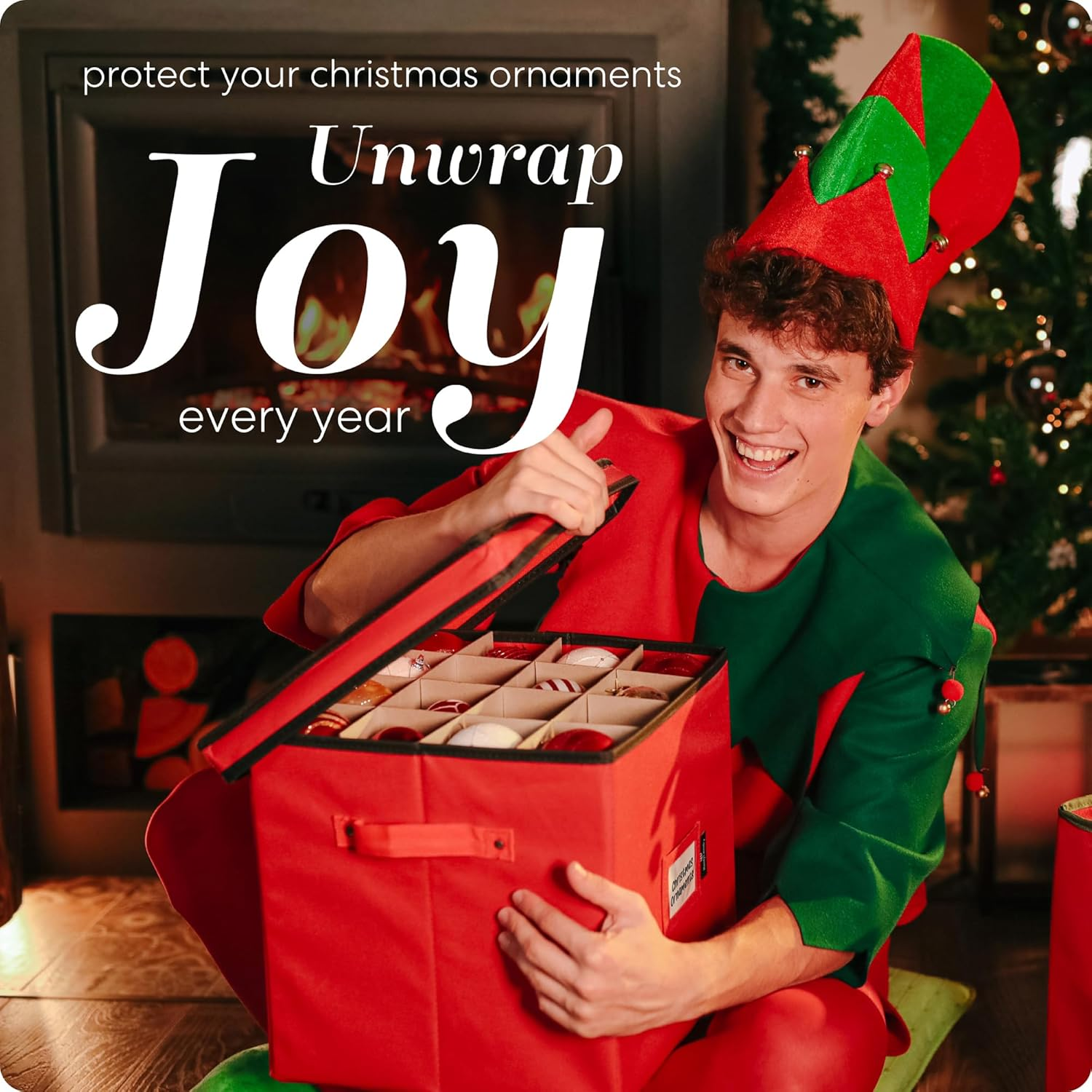 Christmas Ornament Storage - Stores up to 64 Holiday Ornaments, Adjustable Dividers, Covered Top, Two Handles. Attractive Storage Box Keeps Holiday Decorations Clean and Dry for Next Season. (Red) image number 6