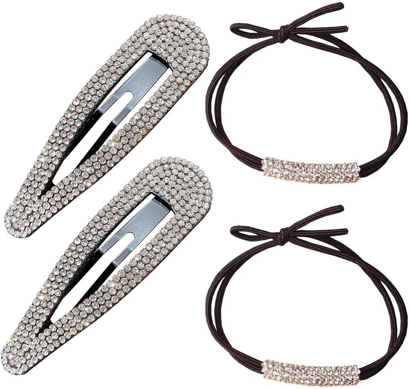 2 Pieces Rhinestone Hair Clips with 2 Pieces Rhinestone Hair Ties Teardrop Side Clips Glitter Pony Hair Accessories Duck Bill Hair Clips Girls Hair Accessories image number 2