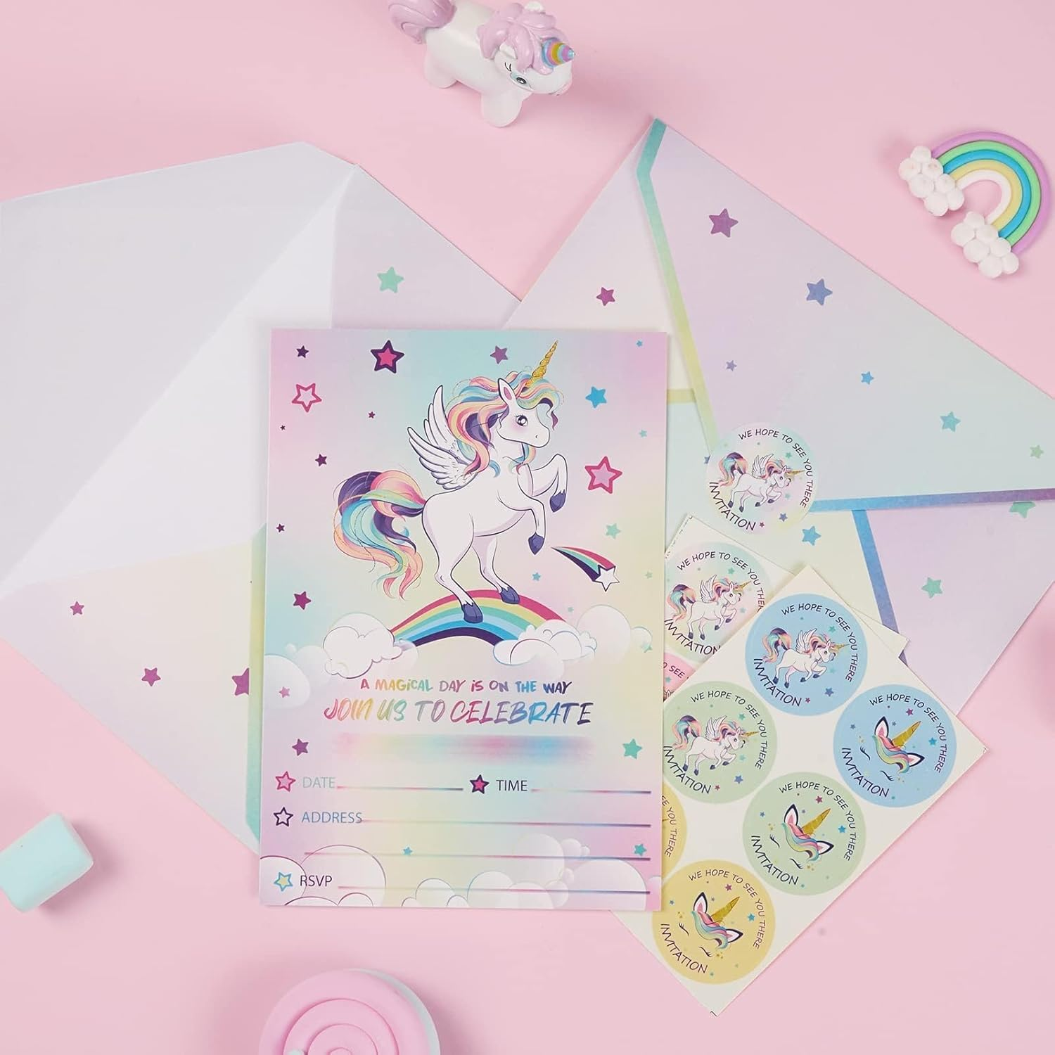 WERNNSAI 24PCS Unicorn Birthday Invitation - Rainbow Unicorn Party Supplies Fill-In Linvitations with Envelopes for Girls Birthday Baby Shower Double-Sided Printed Invite Cards image number 4