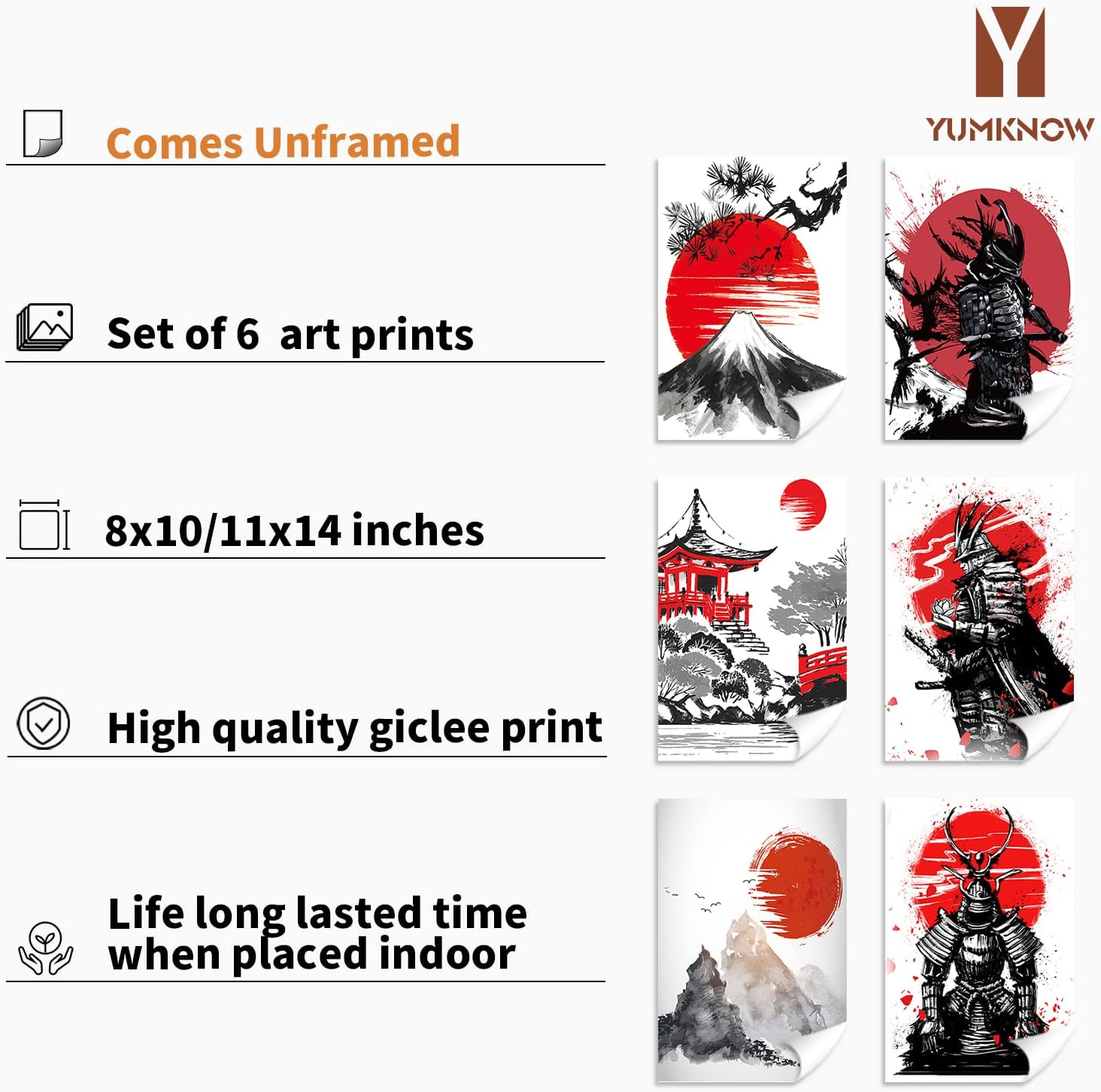YUMKNOW Japanese Art Wall Decor - Unframed 8X10 Set of 6, Modern Minimalist Asian Oriental Decor for Living Room, Samurai Armor Warriors Prints Posters for Bedroom, Japan Red White Art Office Gifts image number 2