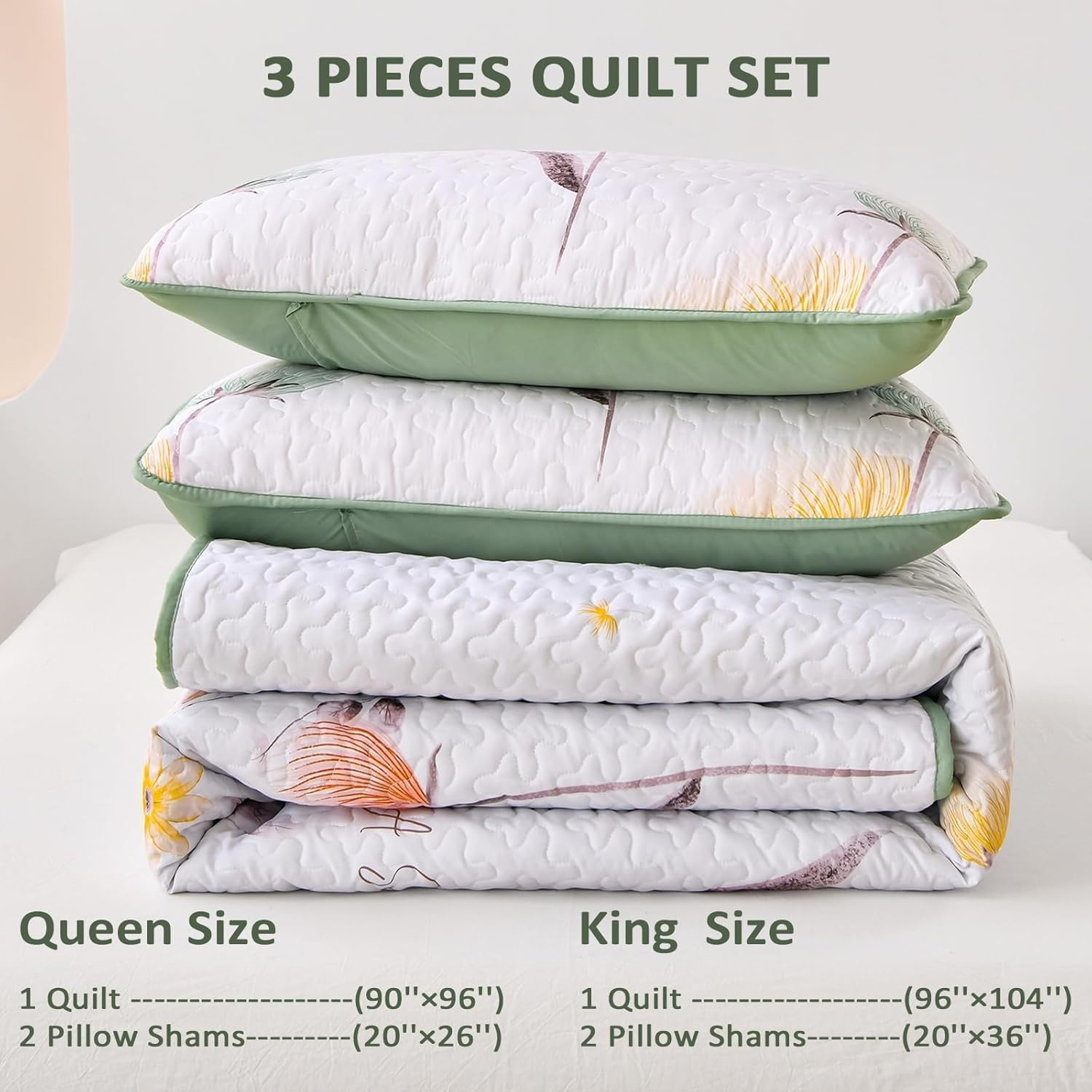 Floral Quilt Set Queen Size,Sage Green Bedspread Coverlet Botanical 3 Pieces Fall Quilts Microfiber Lightweight Bedspreads White Soft Reversible Bed Cover Sets for All Season(Queen, 90"X96") image number 2