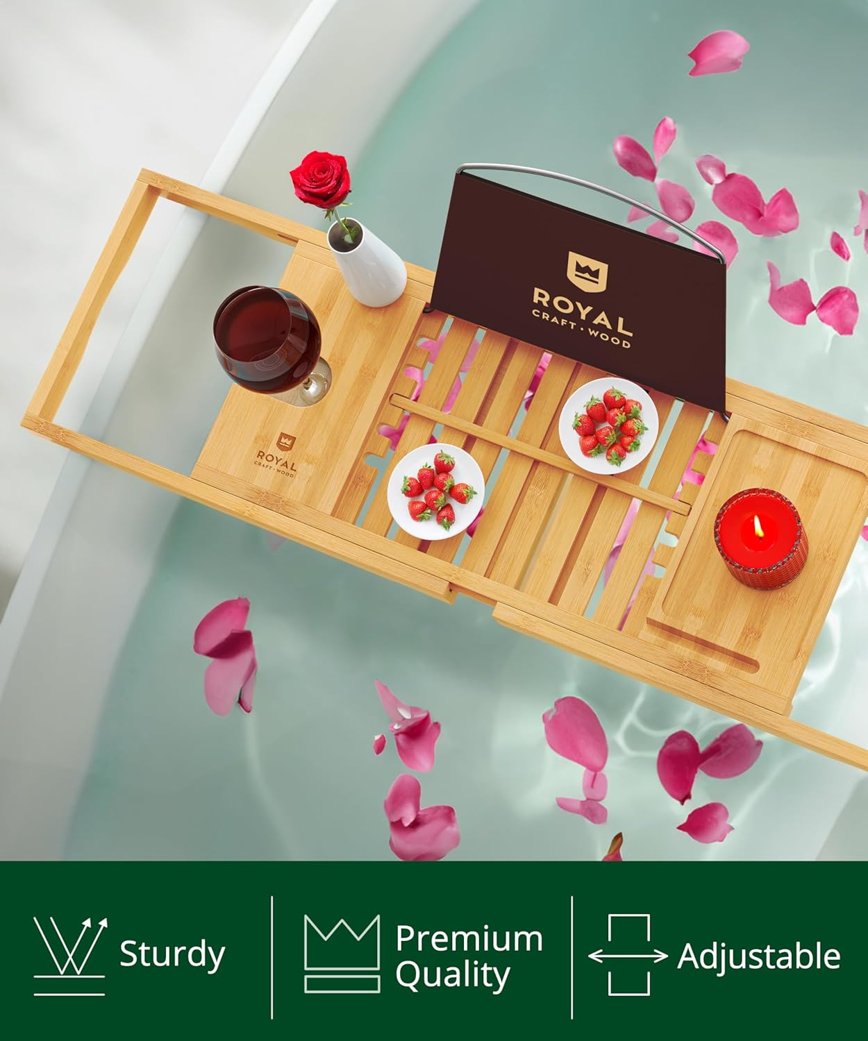 Royal Craft Wood Premium Foldable Bathtub Tray - Wood Bath Tray for Tub, Bamboo Shelf, Expandable Bath Table Trays, Bathtub & Bathroom Accessories for New Home & Mothers Day & Birthday Gifts for Mom