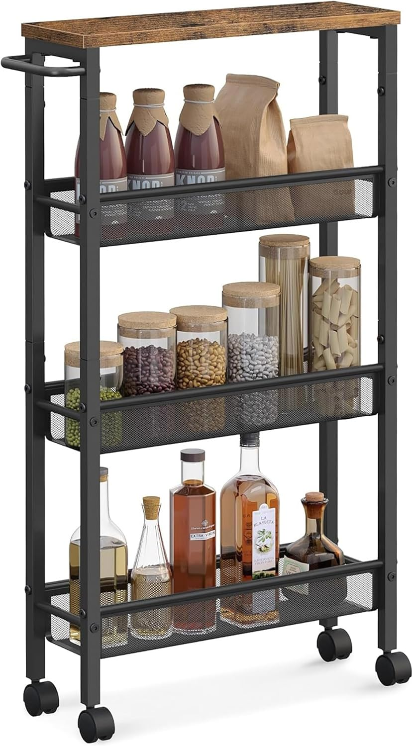 Relaxdays Niche Trolley, H X W X D: 77 X 13 X 45 Cm, Narrow Recess Shelf Bathroom & Kitchen, 4 Levels, Metal Rolling Shelf, Brown/Black image number 3