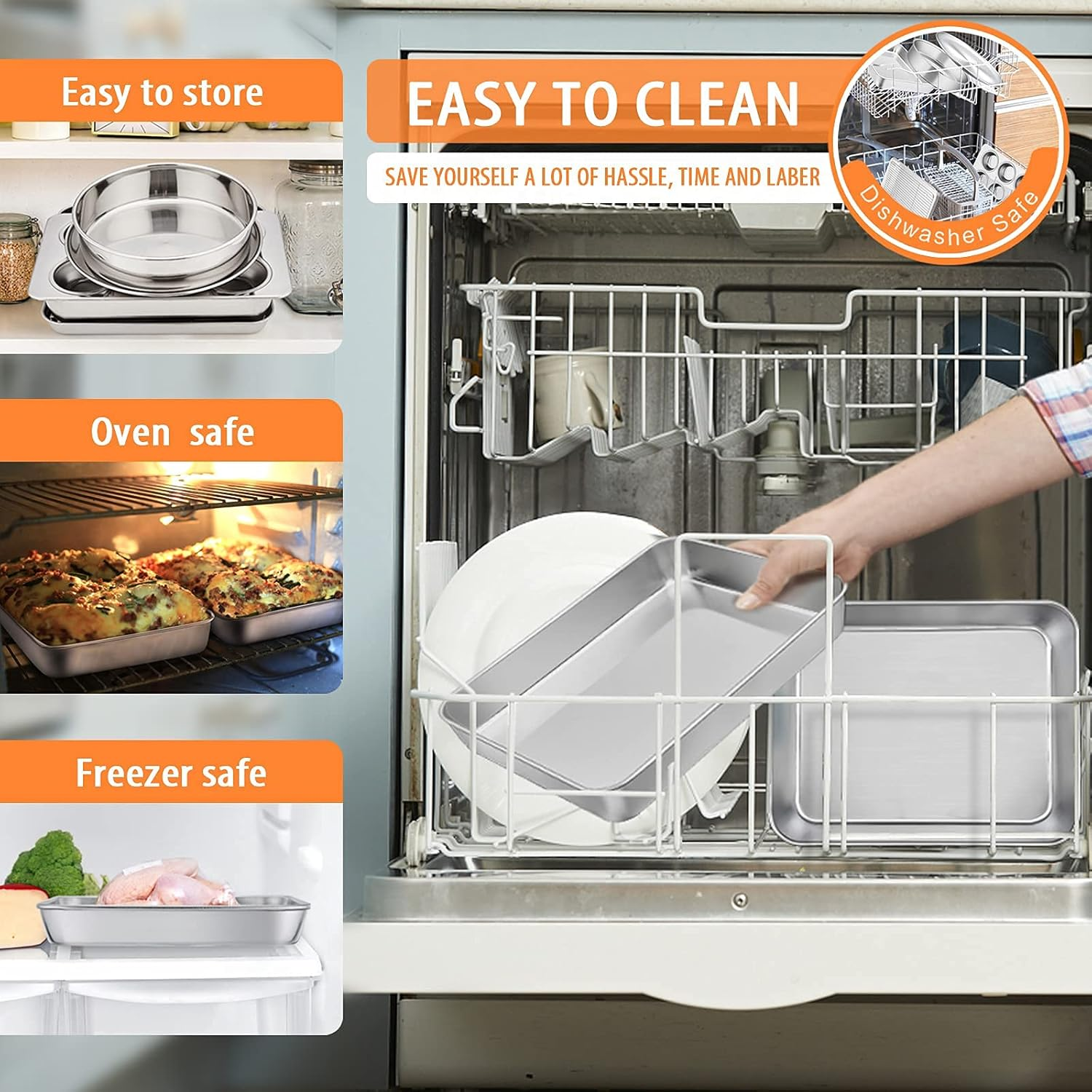 Toaster Oven Bakeware Set, E-Far 8-Piece Stainless Steel Small Baking Pan Set, Include 6-Inch Cake Pan/Rectangle Baking Pan/Cookie Sheet with Rack/Muffin/Loaf/Pizza Pan, Non-Toxic & Dishwasher Safe image number 6