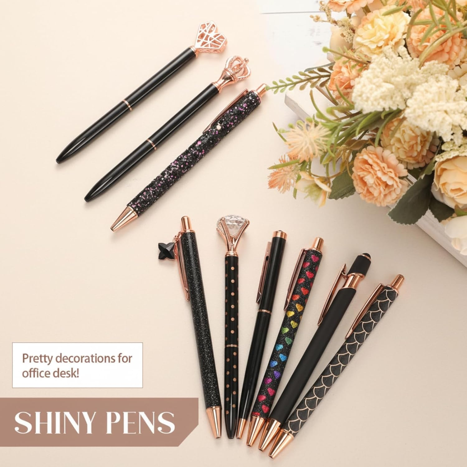 Janmini 9 Pcs Ballpoint Pens Set Metal Crystal Diamond Pen Liquid Sand Glitter for Journaling Black Ink Pretty Cute Fancy Gifts Women Girls School Wedding Office Desk Supplies (Black) - Brown image number 7