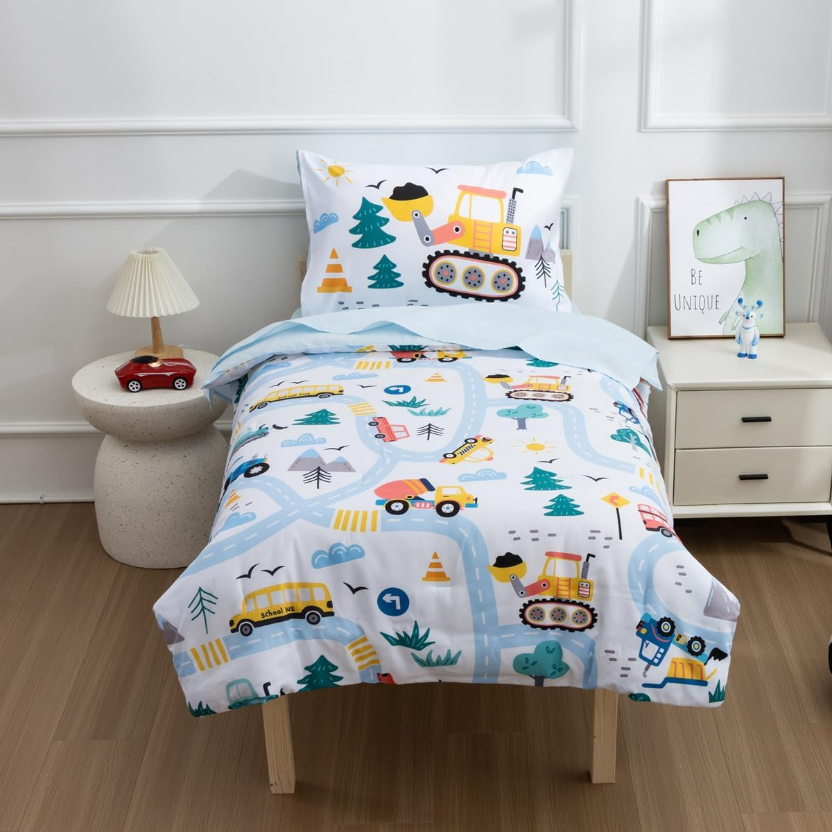 NTBED 4 Pieces Construction Toddler Bedding Set for Baby Boys, Truck Vehicles Excavator Cars Printed, Includes Comforter, Flat Sheet, Fitted Sheet and Pillowcase,Light Blue - Brown image number 6