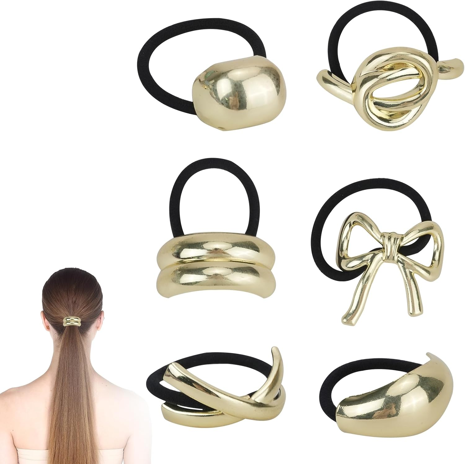 JINGIHE Pack of 6 Metal Hair Scrunchies, Gold Hair Accessories, Women Hair Ties, Ponytail Hair Rings Braid Scrunchie Hair Cuff for Women Girls Women Hair Accessories image number 6