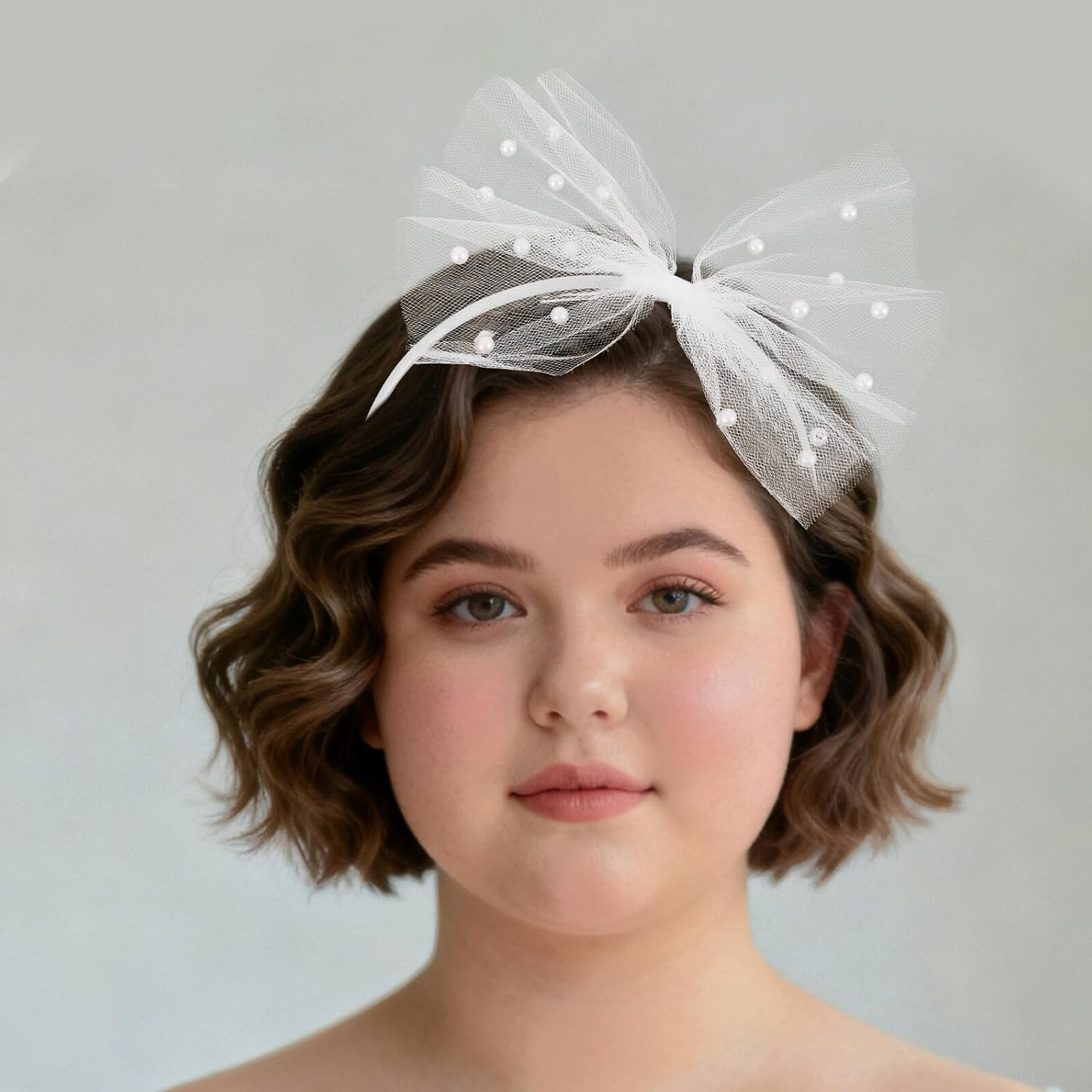 LIFKOME Tulle Bowknot Hairband Bead Embellishments White Bow Headband for Women and Party Wedding Hair Accessories image number 3