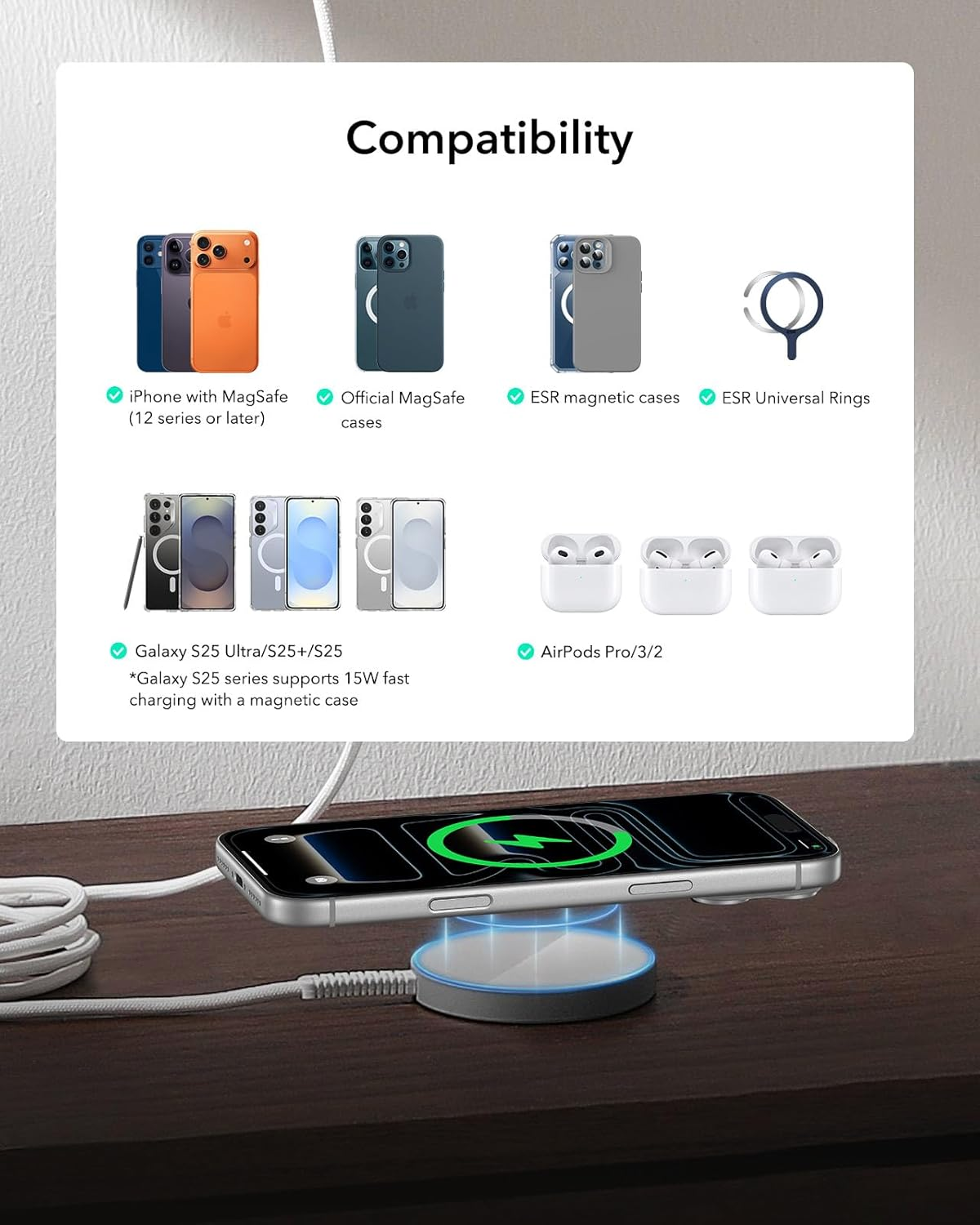 ESR Halolock Wireless Charger, 15W Magsafe Charger, Wireless Charging Pad for Iphone 17/16/15/14/13/12 Series, Airpods 4/3/Pro/Pro 2, Google Pixel 10, Silver image number 6