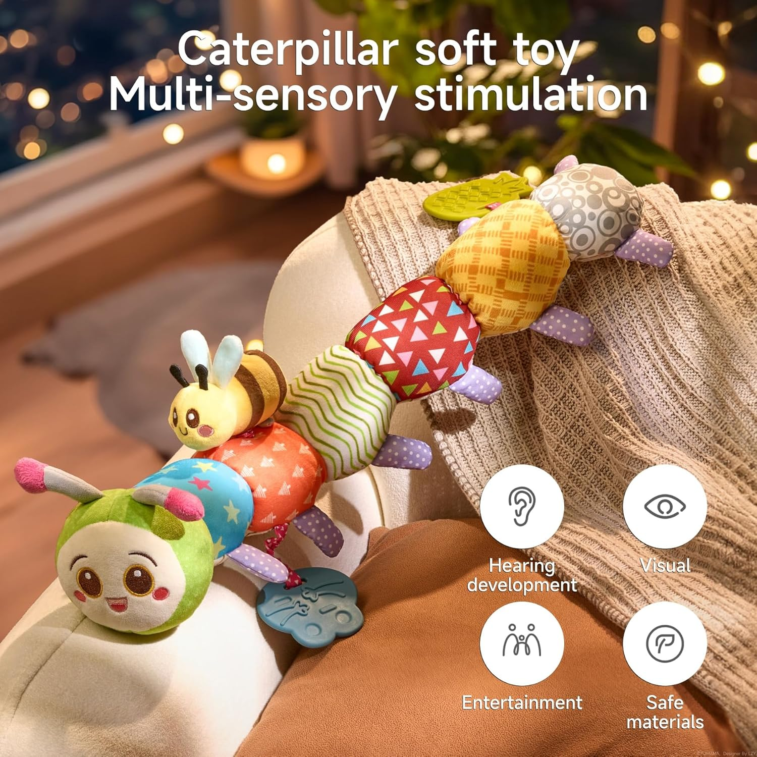 TUMAMA Caterpillar Sensory Toys,Infant Stuffed Animal with Crinkle Paper Rattle,Tummy Time Soft Activity Sensory Toys for 3 4 5 6-12 Month Old Newborn Baby Birthday Gifts image number 2