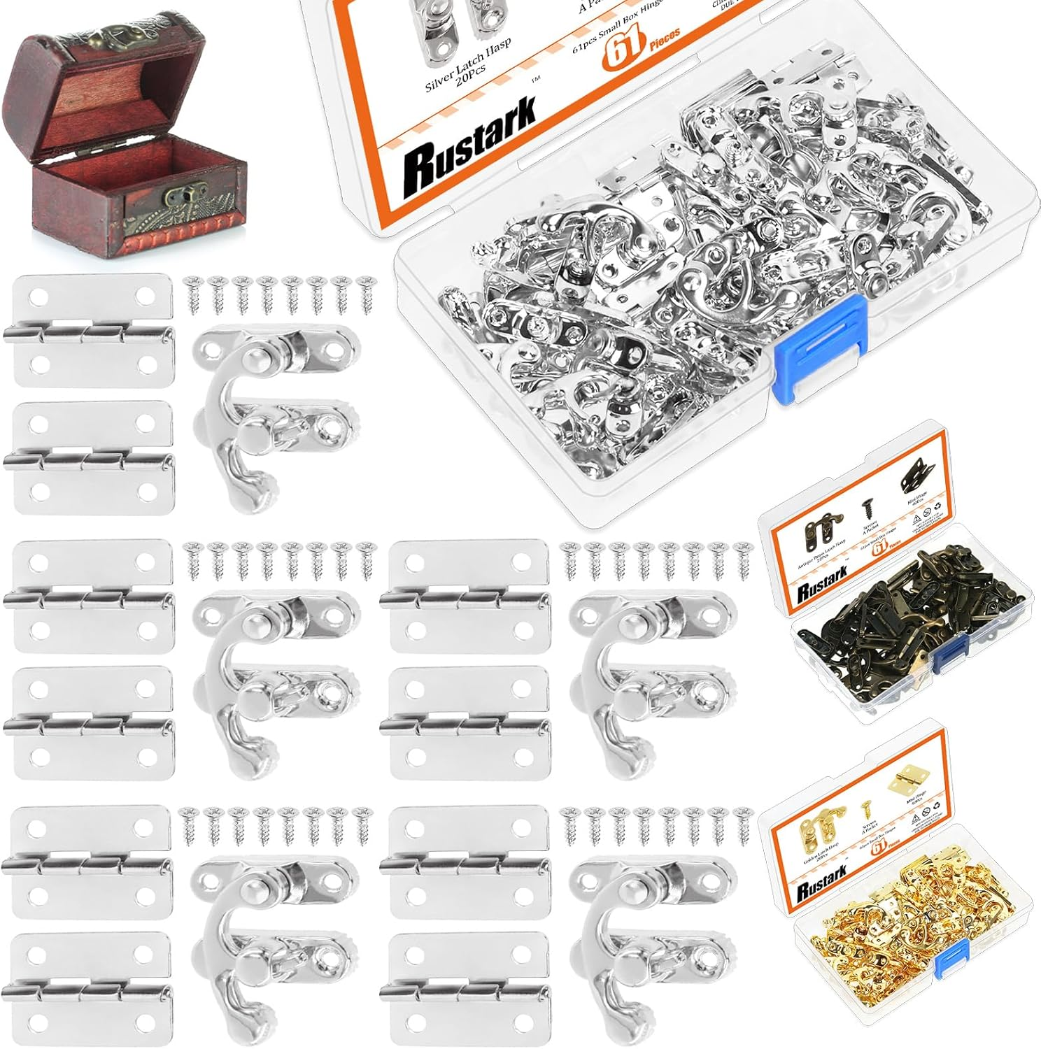 20 Sets Silver Antique Small Box Hinges Right Latch Hook Hasp Horn Lock Jewelry Box Hardware Antique Brass Latch Hook Clasp Mini Hinges for DIY Crafts Jewelry Wooden Box