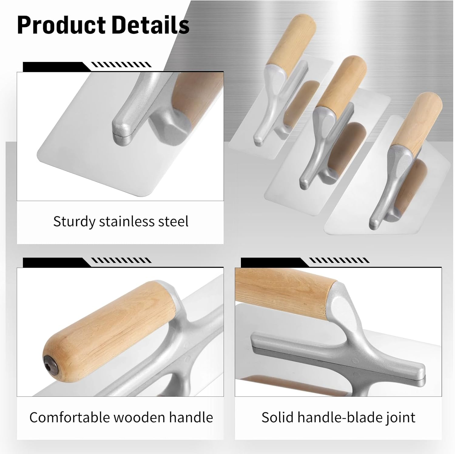 3 PCS Drywall Trowel Flat Finishing, Polished Venetian Masonry Trowel Set with Wood Handle, Stainless Steel Plastering Trowel for Sheetrock Wallboard Plasterboard image number 3