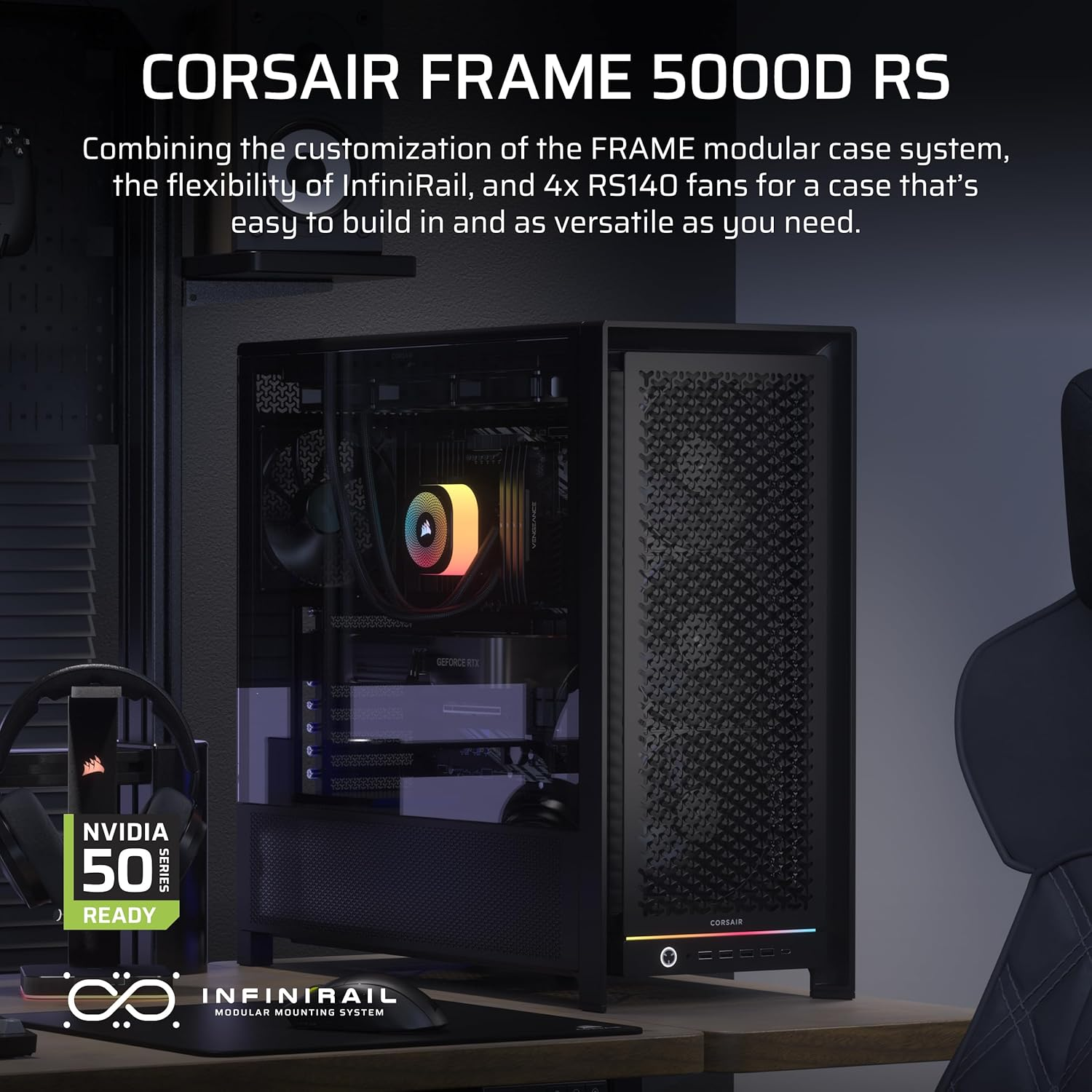 CORSAIR Frame 5000D RS Modular High Airflow Mid-Tower PC Case &ndash; 4X Pre-Installed RS Fans, Infinirail Fan Mounting System, GPU Anti-Sag, ASUS BTF, MSI Project Zero, Gigabyte Project Stealth &ndash; Black image number 1