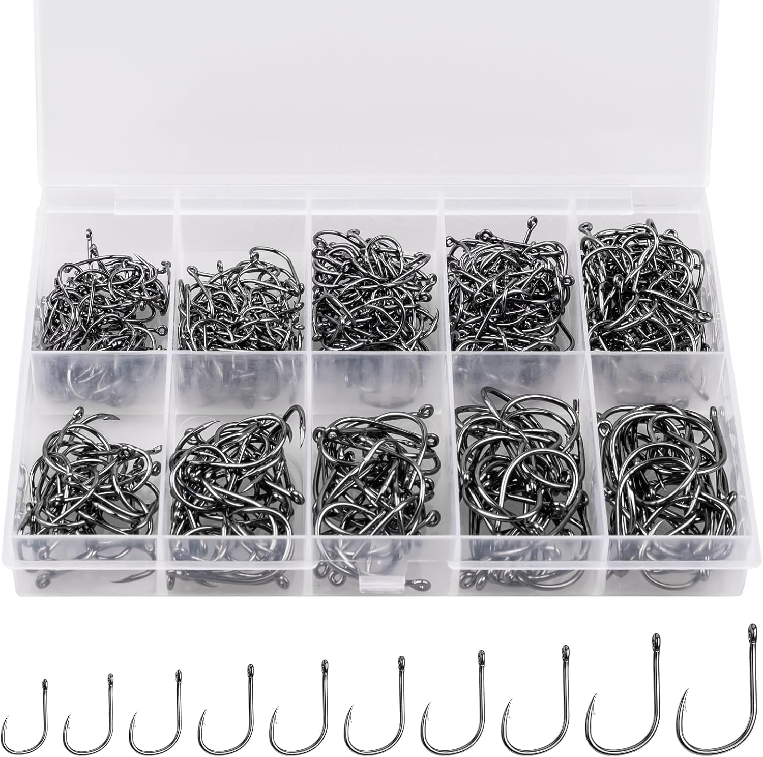 HENWUBEI 200PCS Premium Fishing Hooks, 10 Sizes Carbon Steel Fishing Hooks W/Portable Plastic Box, Strong Sharp Fish Hook with Barbs for Freshwater/Seawater image number 6