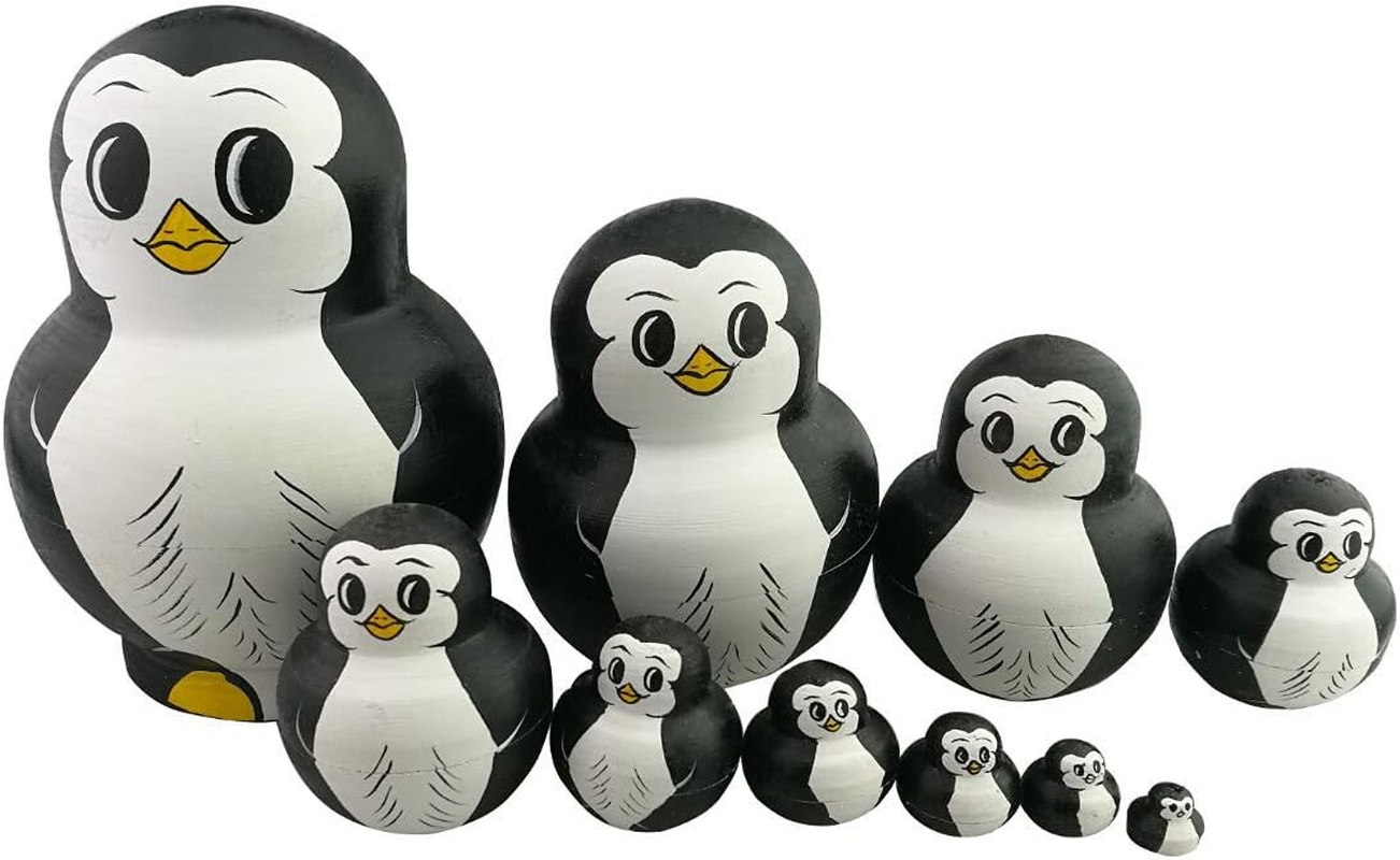 Winterworm Cute Lovely Mini Animal Nesting Dolls Matryoshka Doll Russian Doll Set 10 Pieces Wooden Handmade Kids Toy Gift Home Decoration Perfect (Penguin). image number 2