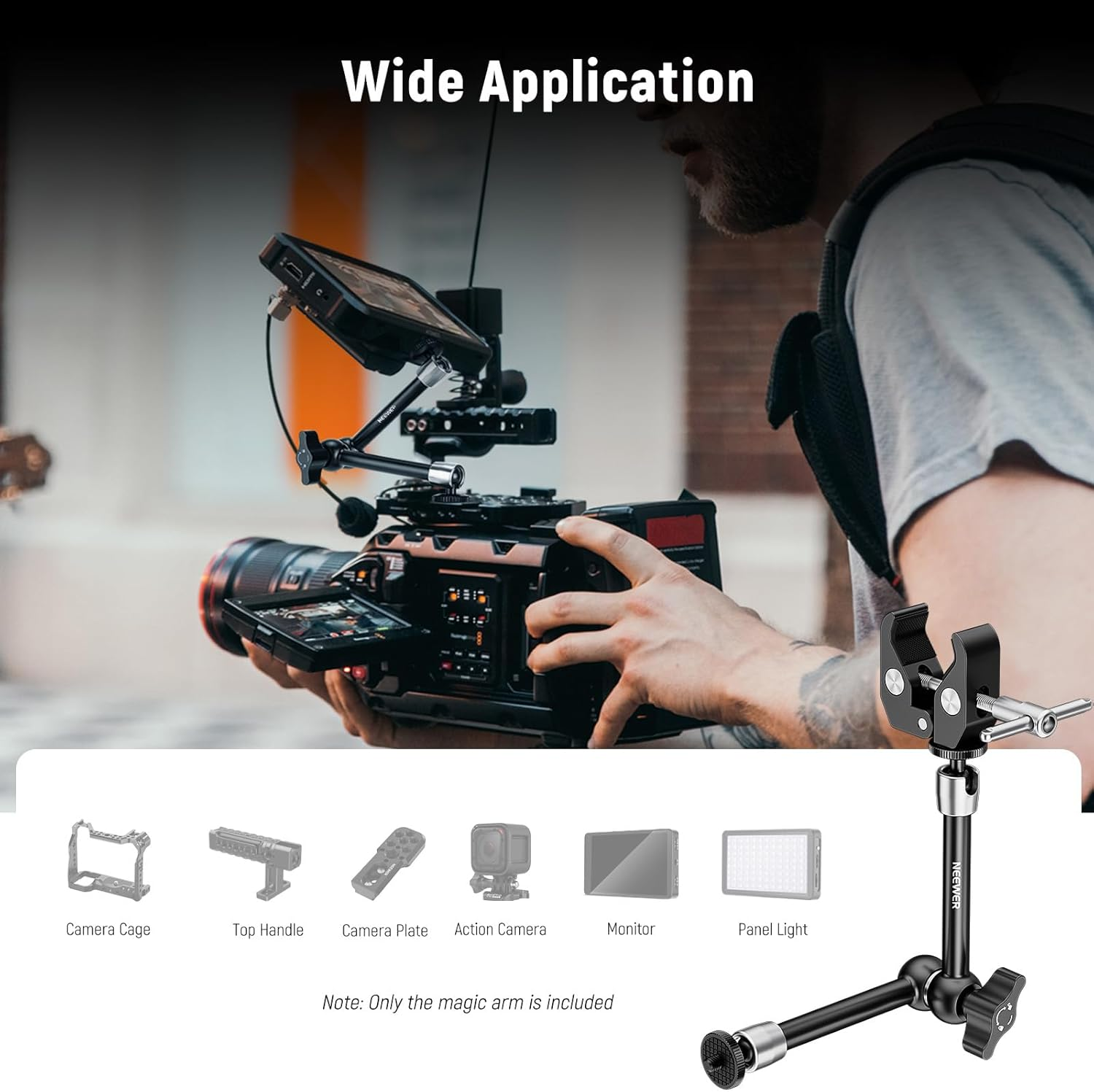 NEEWER 9.8"/25Cm Magic Arm with Super Clamp & Cleaning Cloth, 1/4" & 3/8" Threads for Flash/Led Light/Microphone/Dslr Camera Monitor Compatible with Smallrig Camera Cage, Max Load: 4.4Lb/2Kg, ST25C image number 3