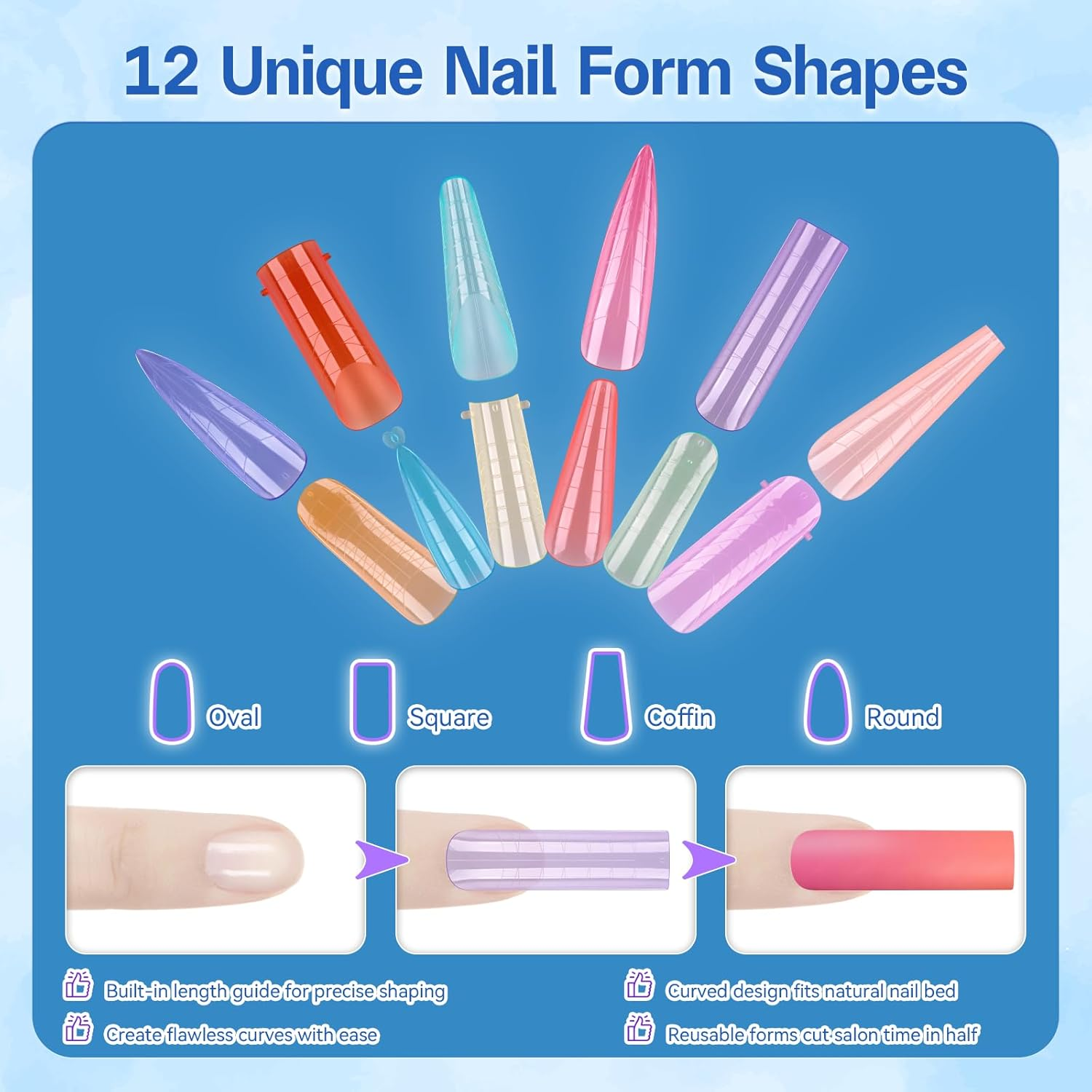 AMILHITON 288PCS Dual Nail Forms Set for Poly Gel & Builder Gel, 12 Mixed Shapes Full Cover Molds with Length Scale, Multicolor Matte & Clear Reusable Forms for Nail Extension Practice & DIY Manicure image number 1