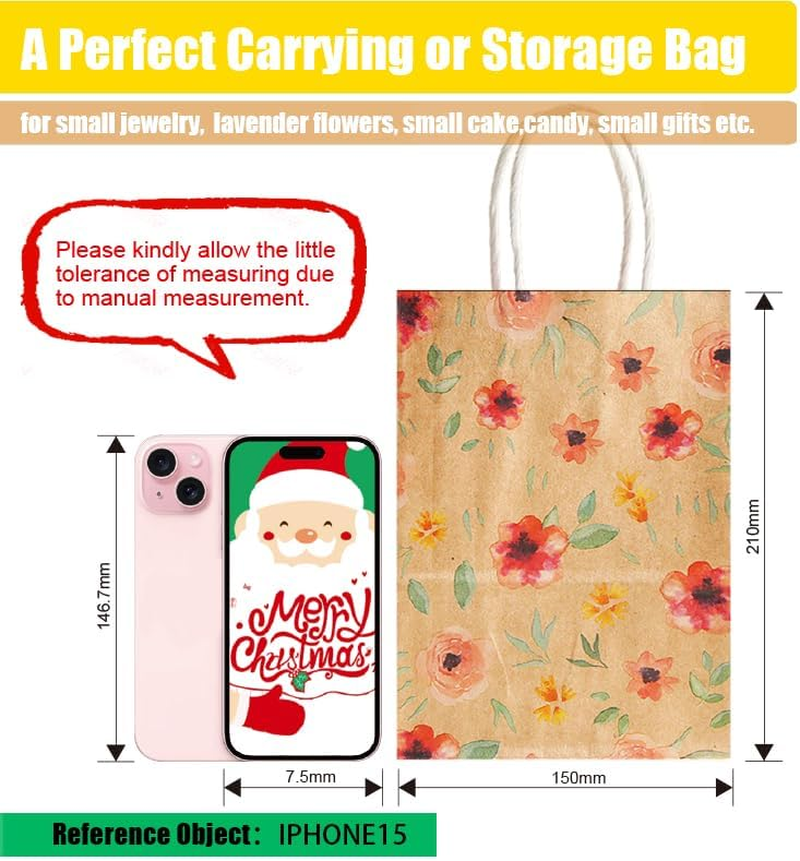 12.6''Large Kraft Gift Bags, 12Pcs Geeric Party Bag Printing Flower, Gift Wrapping Bags with Handles, Candy Treat Bag, Paper Bags Bulk for Wedding,Thanksgiving Day, Flower Pattern Party Supplies (4 STYLES FLOWERS&times;3 15&times;21&times;8Cm) image number 7
