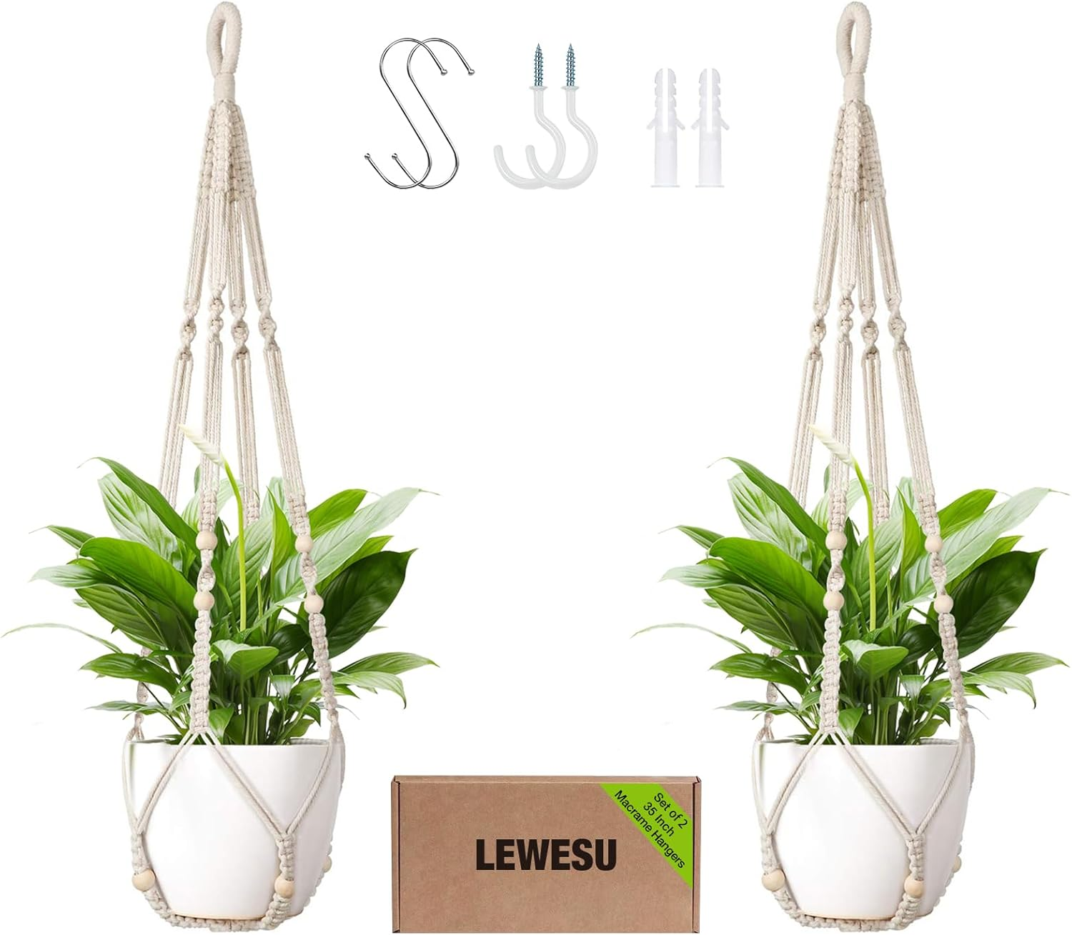 Macrame Plant Hanger Indoor Set of 2 with 4 Hooks, Indoor Outdoor Hanging Planter for Plants Holder with Decorative Wood Beads & No Tassels, Boho Home Decor, 35 Inch Ivory (Pots Not Included) image number 2