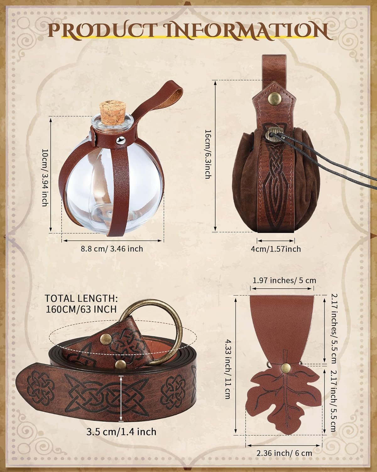 Sweetude 6 Pcs Renaissance Belt Halloween Medieval Viking Belt Potion Bottles Faux Leather Belt Pouch Skirt Hikes Mug Holder image number 2