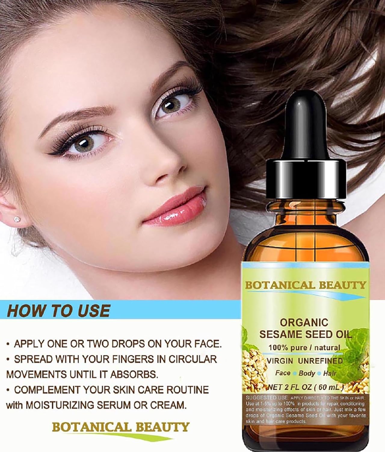 Organic SESAME SEED OIL 100% Pure Natural Virgin Unrefined Undiluted Cold Pressed Carrier Oil for Face, Skin, Body, Hair, Massage, Nails. 2 Fl. Oz - 60 Ml by Botanical Beauty image number 4