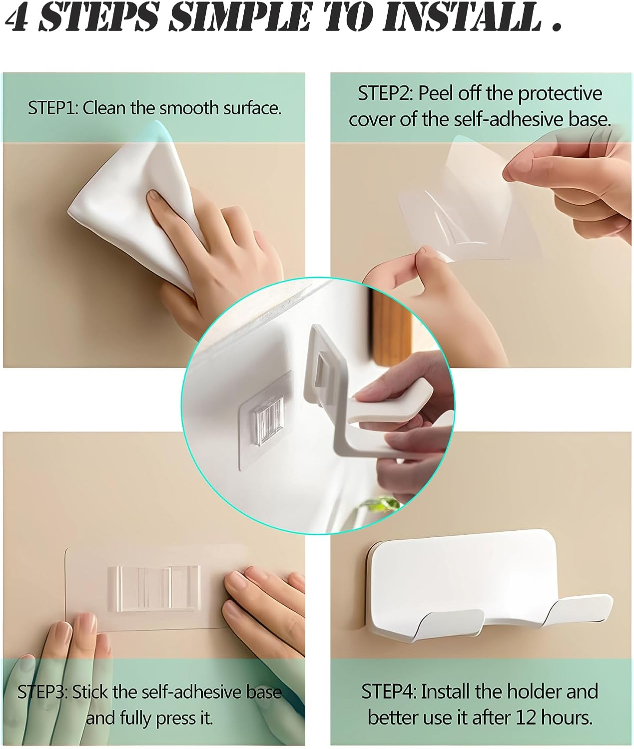 Universal Hair Dryer Holder, Blow Dryer Hanger Wall Mount for Hair Dryer Hook with Plug&Cord Organizer Self Adhesive for Cabinet Bathroom(1 Pack White) - Style A Black(1Pack) image number 7