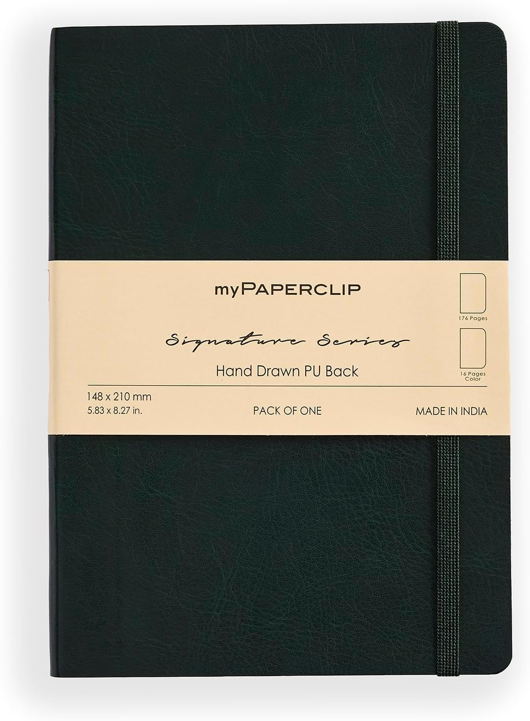 Mypaperclip Signature Series A5 Leather Lined Notebook | 192 Pages, 100 GSM, Italian Vegan Leather Soft Cover | Flat Lay | Bookmark & Elastic Closure | Green