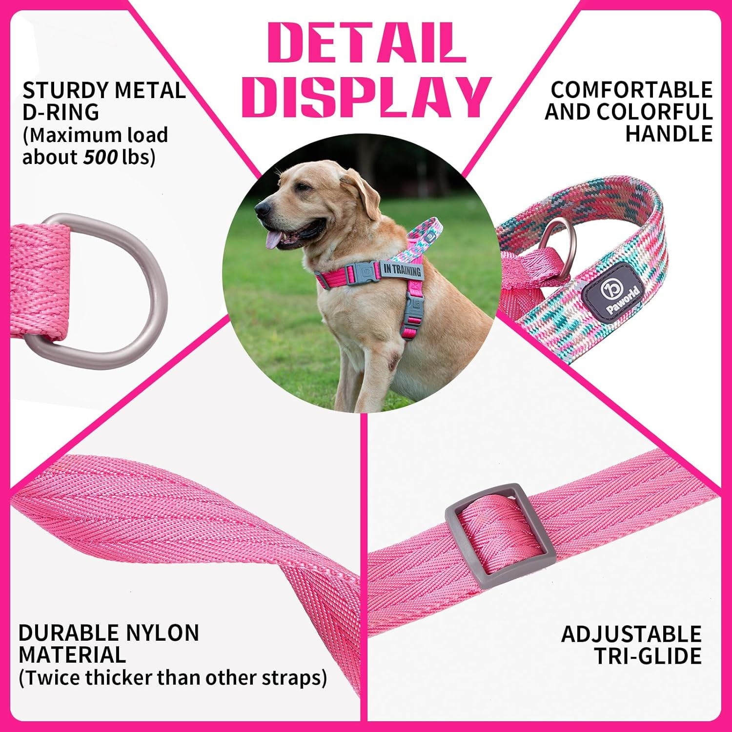 Paworld Service Dog Vest, No-Pull Service Dog Harness with 4 PCS Reflective Patches, Dog Vest Harness with Handle, Pet Harness for Small Medium Large Dogs in Training (Pink, M) image number 3