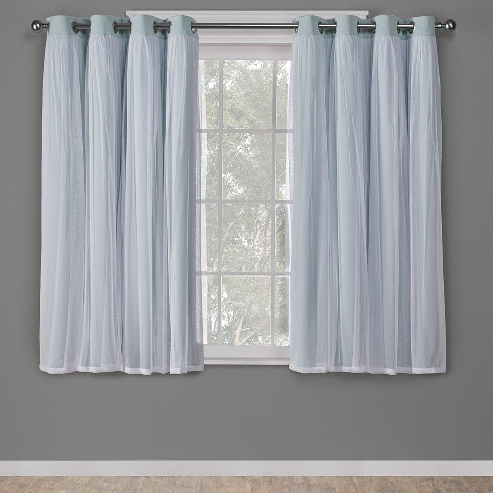 Exclusive Home Catarina Layered Solid Room Darkening Blackout and Sheer Grommet Top Curtain Panel Pair, 52"X63", Sand