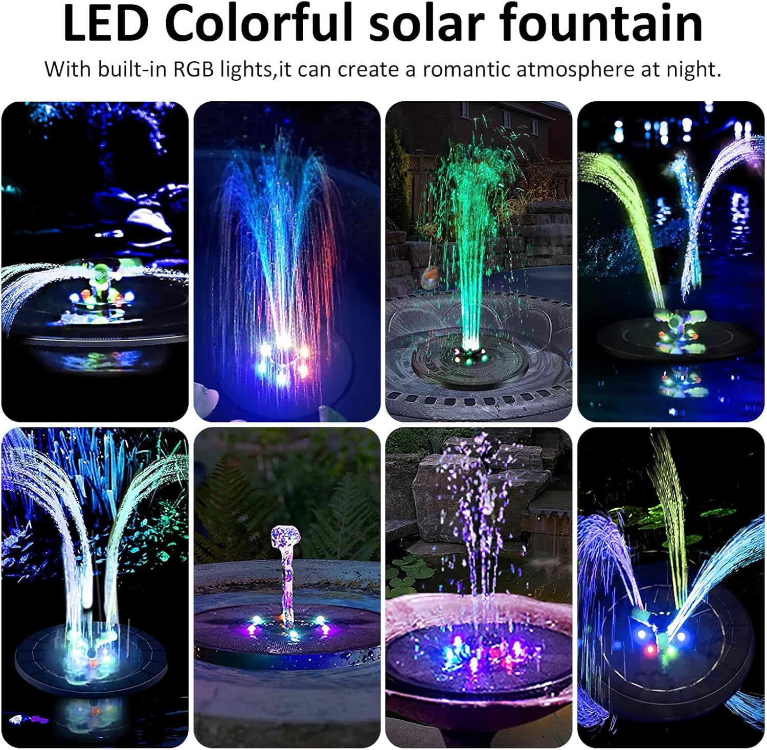 UPKOCH Solar Fountain Pump RGB Color Lights Floating Solar Powered Fountain Garden Pools Baths Multi-Head Outdoor Decor
