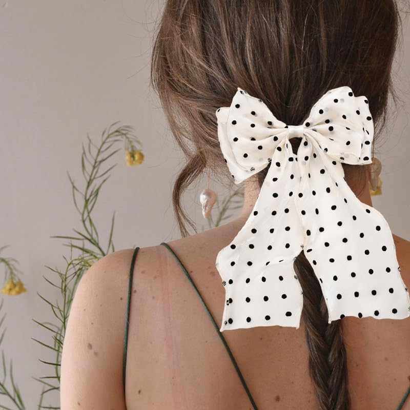 Hair Bow Clips for Women Girls French Barrette Hair Bows Polka Dot Hair Bow Tassel Ribbon Bowknot Hair Clips with Long Tail Vintage Hair Accessories for Women Mesh Bow Hair Clip image number 2