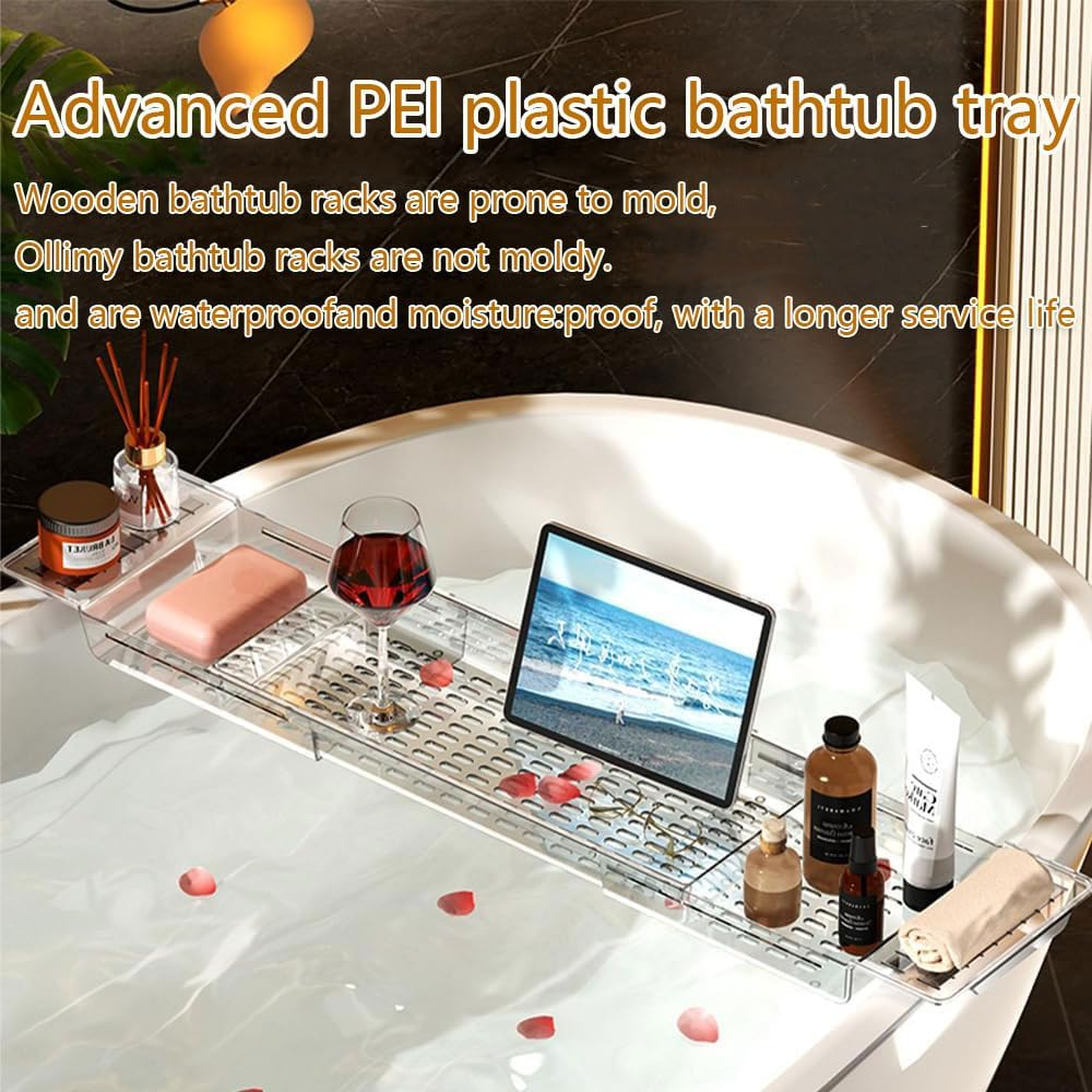 HYAVIA Adjustable Bathtub Caddy Tray Expandable Non-Slip Bath Tub Organizer with Drainage Slots Multi-Functional Bathroom Rack for Spa Accessories Phone and Book Holder image number 2