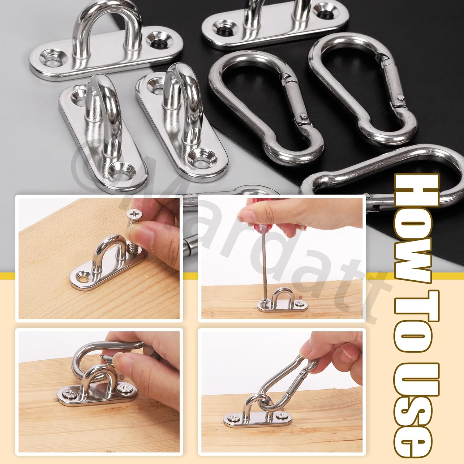 Mardatt 8Pcs 304 Stainless Steel Pad Eye Plate U Hooks Snap Hook, Marine Hardware Staple Hook Loop with Screws Stainless Steel Snap Hook Swivel Hooks Wall-Mounted for Outdoor Indoor Activity image number 4